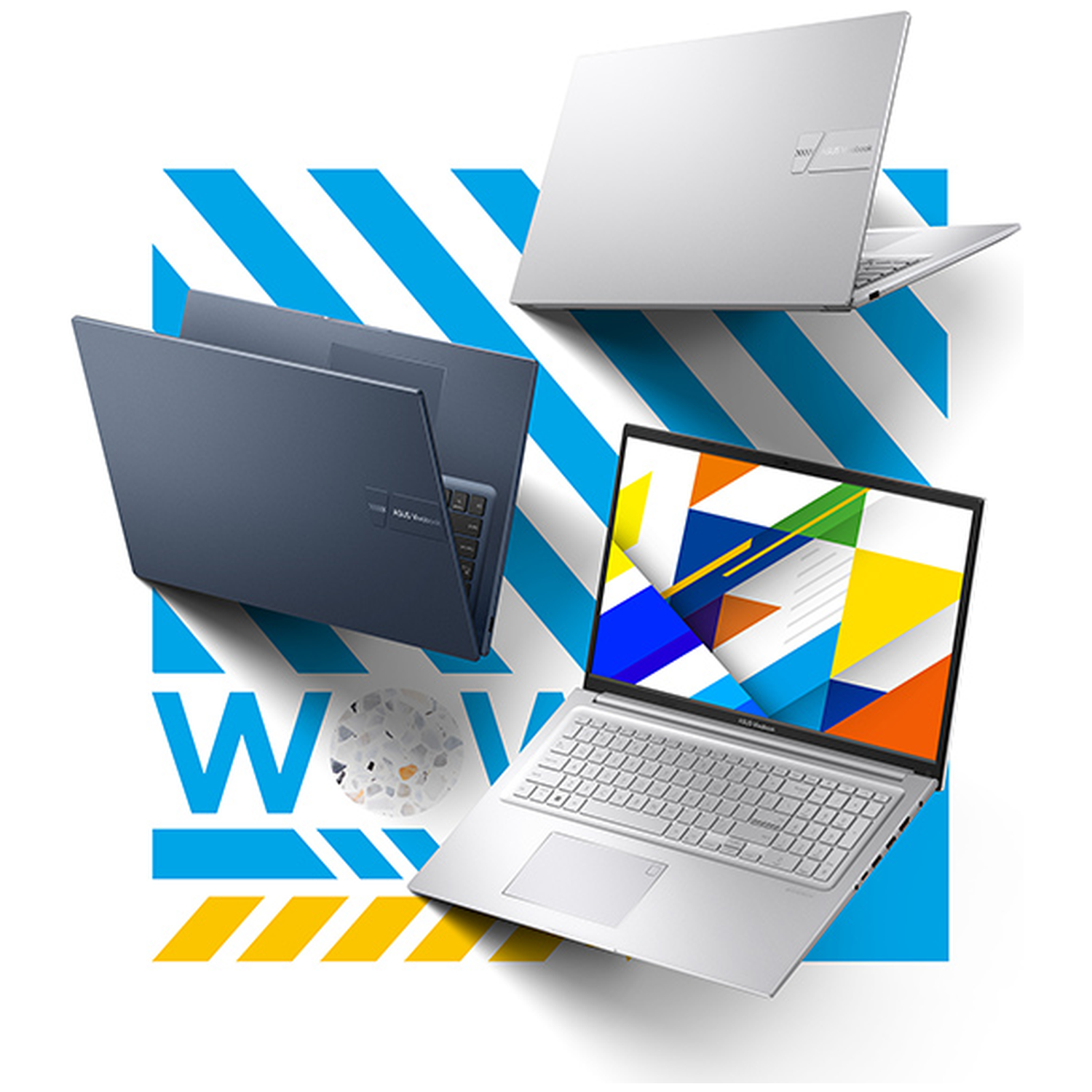 Three laptops on a white background with blue and yellow geometric shapes. One laptop has a colorful screen.