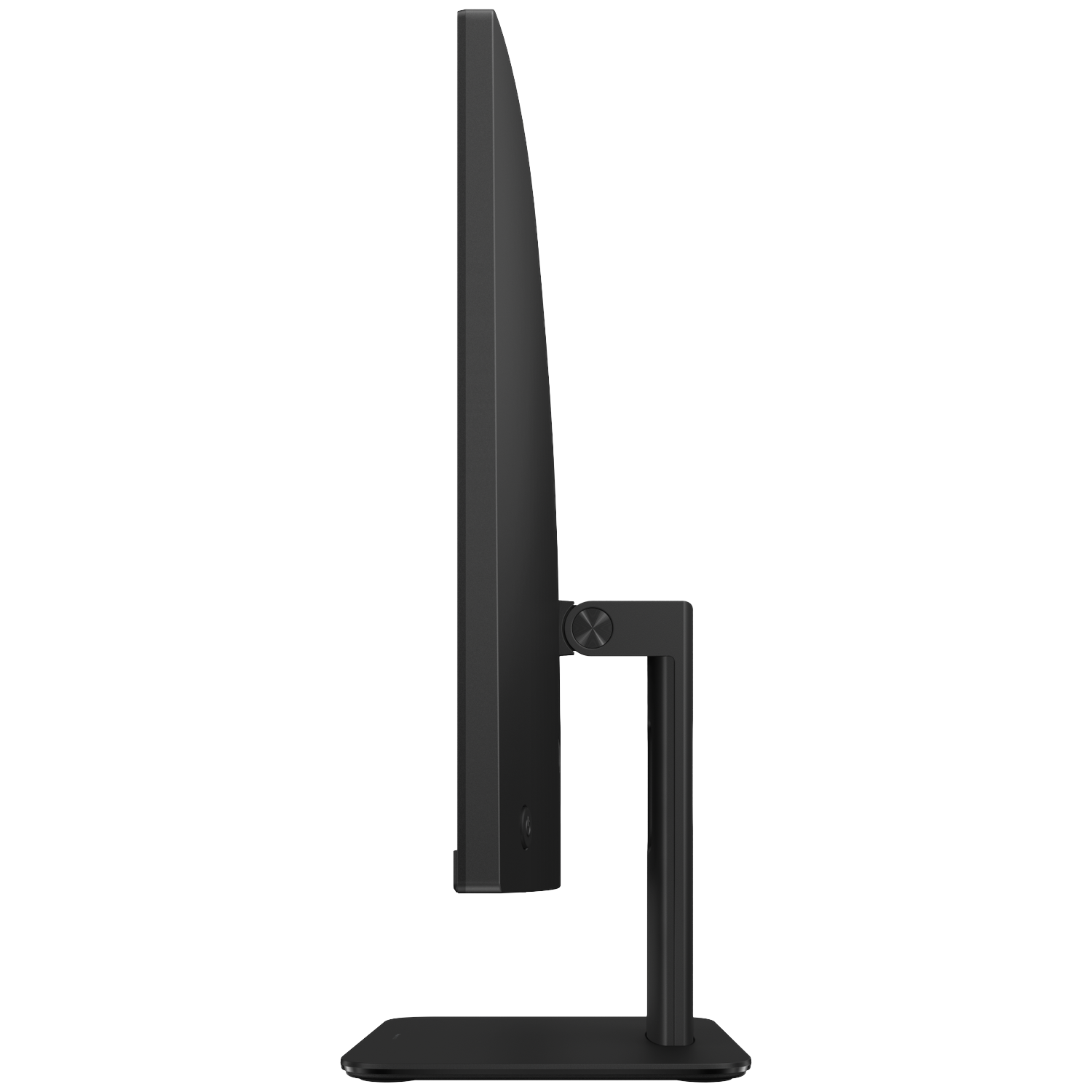 Side view of a black computer monitor. It has a thin bezel, a stand, and a base. The background is white.