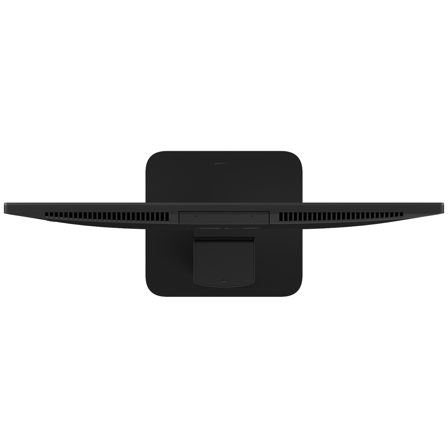 Overhead view of a black computer monitor. The screen is thin, with vents along the bottom edge. A black stand supports it.