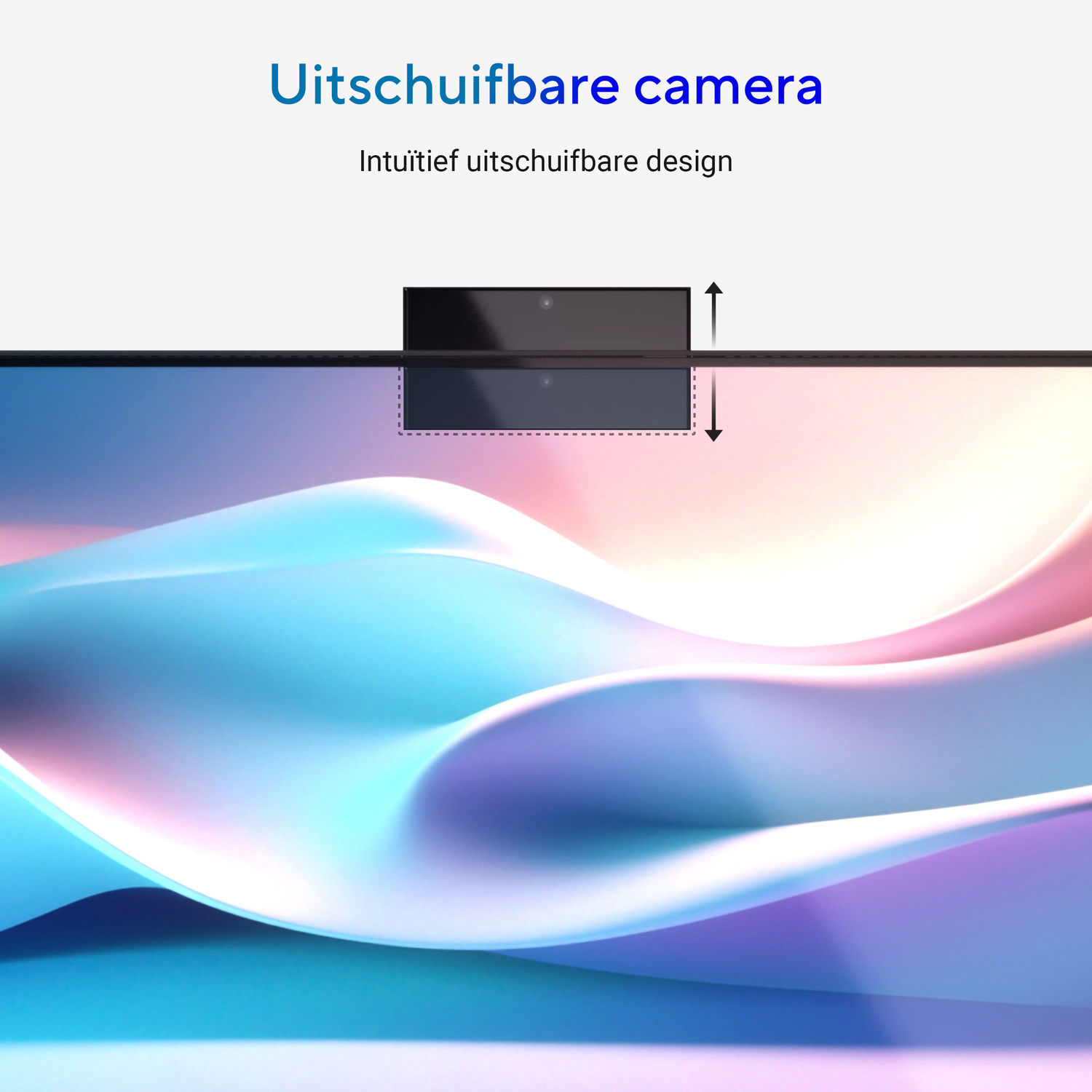 Image shows a retractable camera above a screen with abstract blue and pink waves. Text says 'Retractable camera' and 'Intuitive design'.