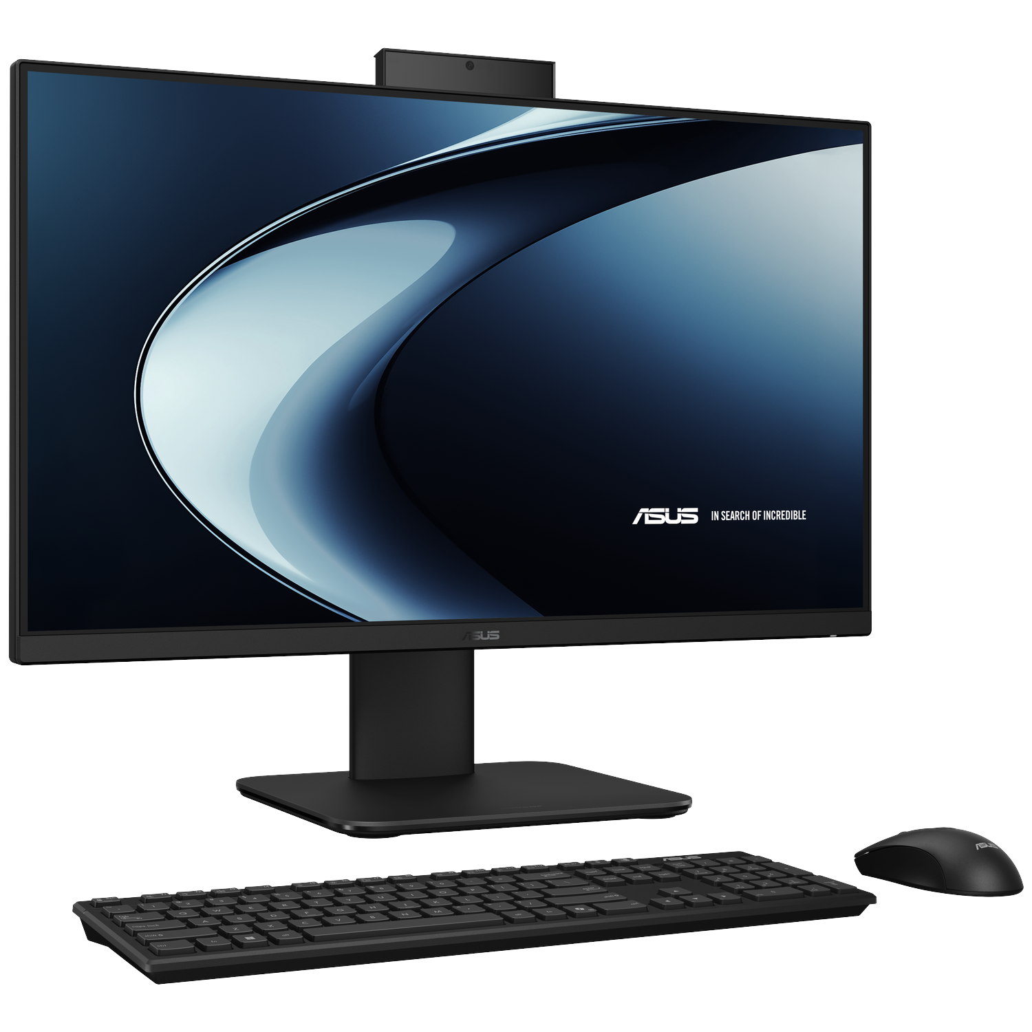 An ASUS all-in-one computer. It has a monitor, keyboard, mouse. The monitor displays a wavy blue-and-white background. All peripherals are black.