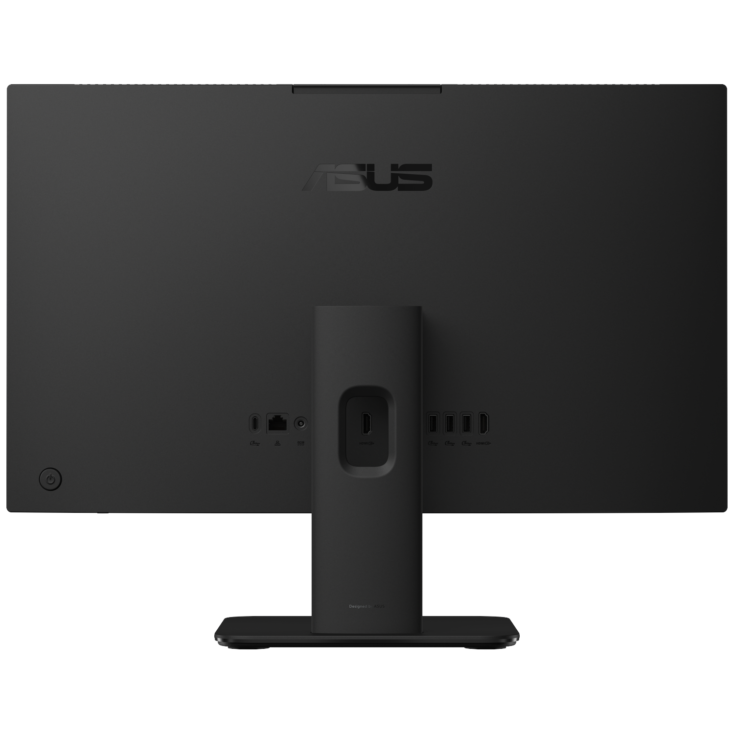 The back of a black ASUS monitor. It has a stand, ports, and the ASUS logo. The monitor is on a white background.