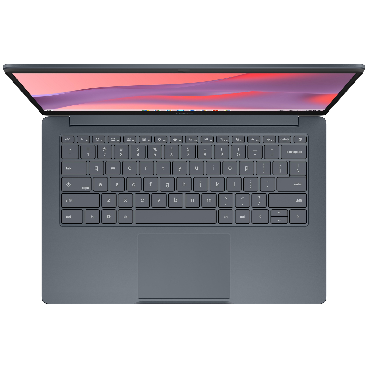 Top-down view of a dark gray laptop with the screen open. The keyboard is visible, and the screen displays a pink gradient.