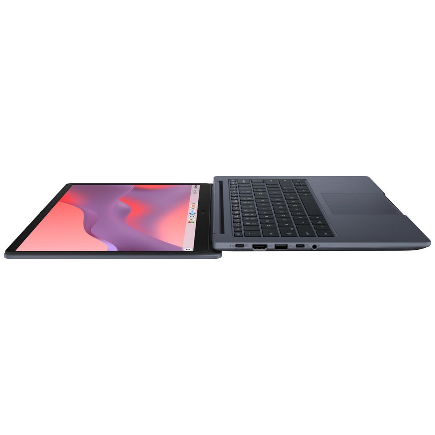 Open laptop on white background. The screen displays a colorful image, while the keyboard is visible on the right.