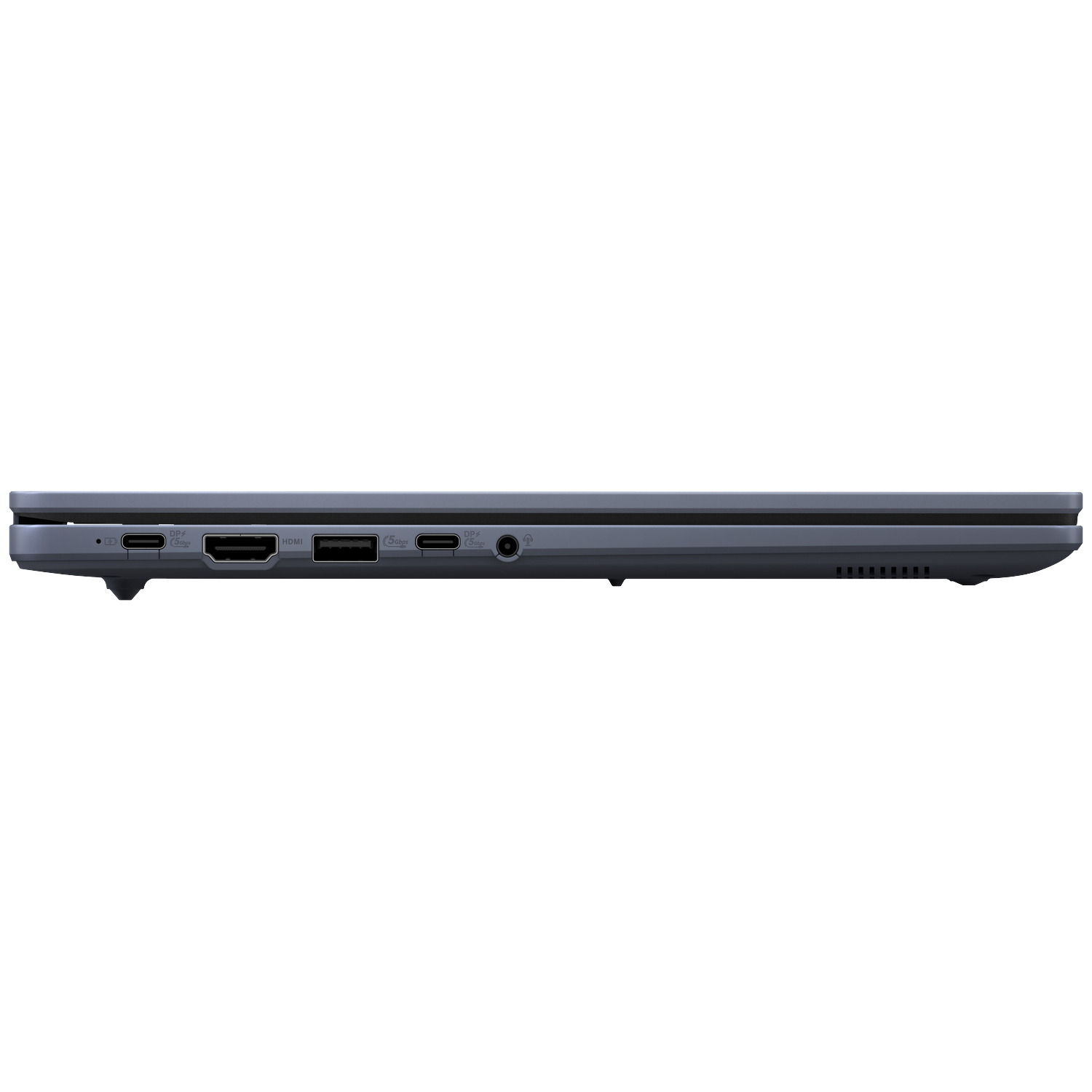 Side view of a blue laptop. Ports include USB-C, HDMI, and audio jack. The laptop is on a white background.