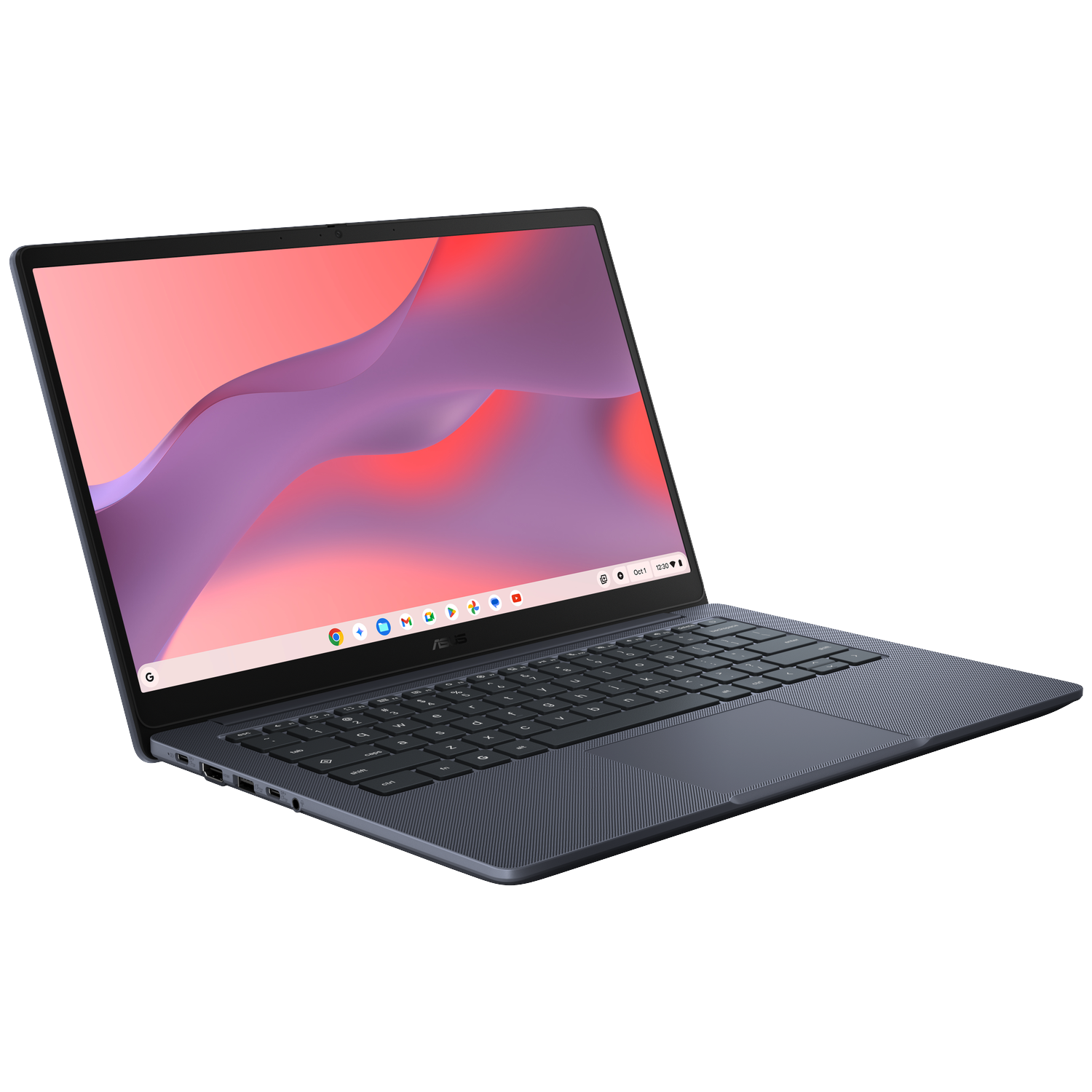A dark gray laptop on a white background. The screen displays a colorful image. The keyboard is visible.