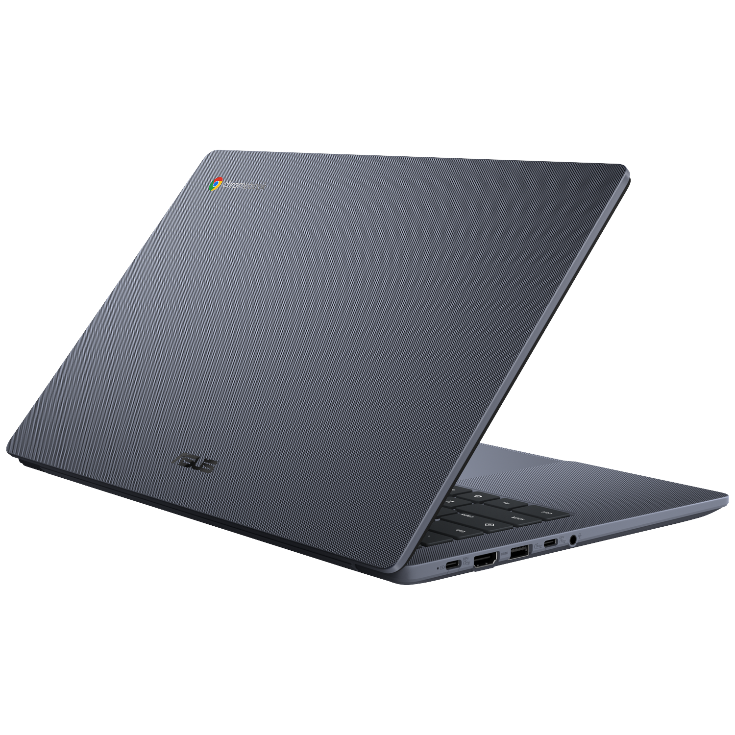 A dark gray ASUS Chromebook laptop is open, showing the keyboard and ports. The lid has a textured pattern and the Chrome logo.