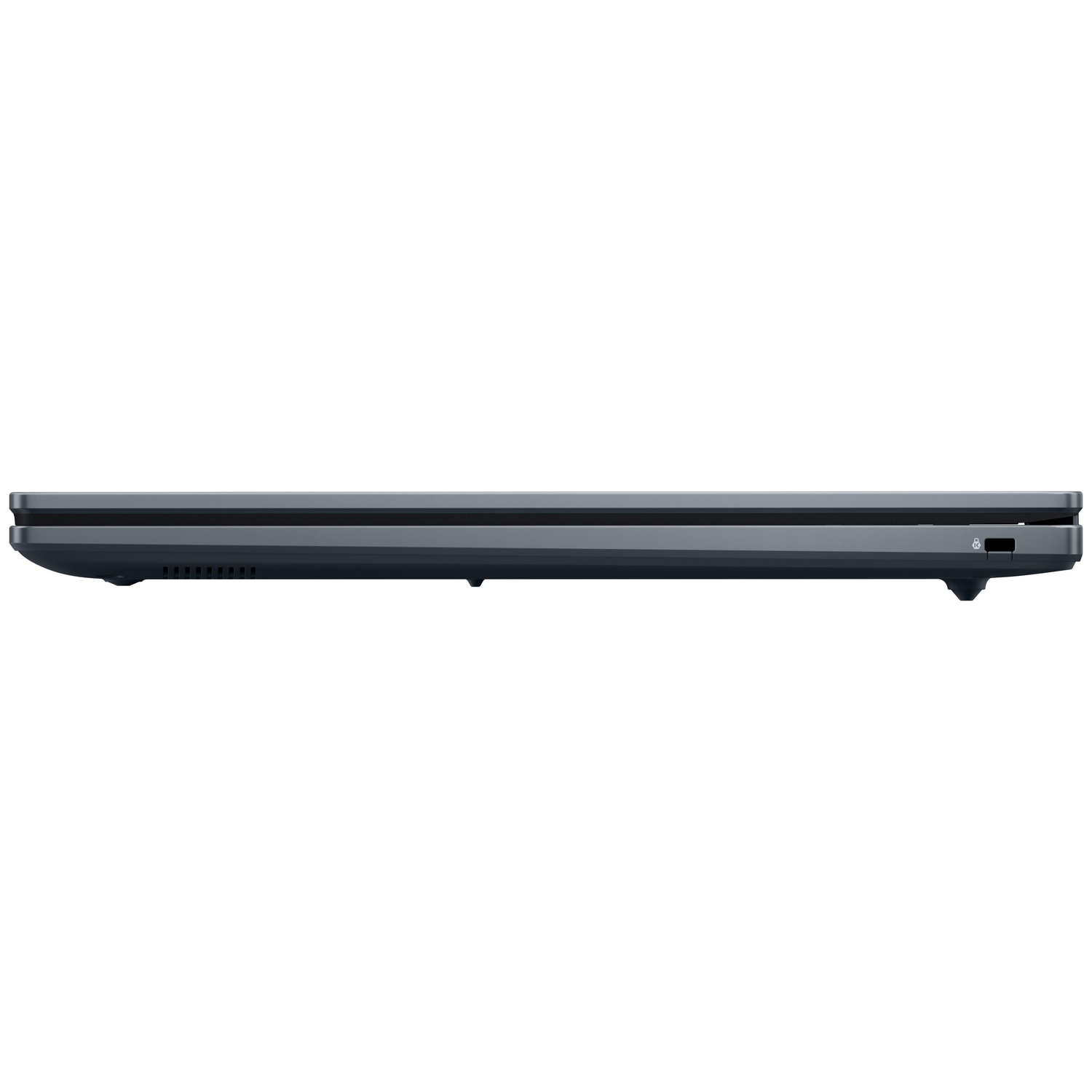 Side view of a closed laptop. The laptop is dark grey with a few ports visible on the side. Background is white.