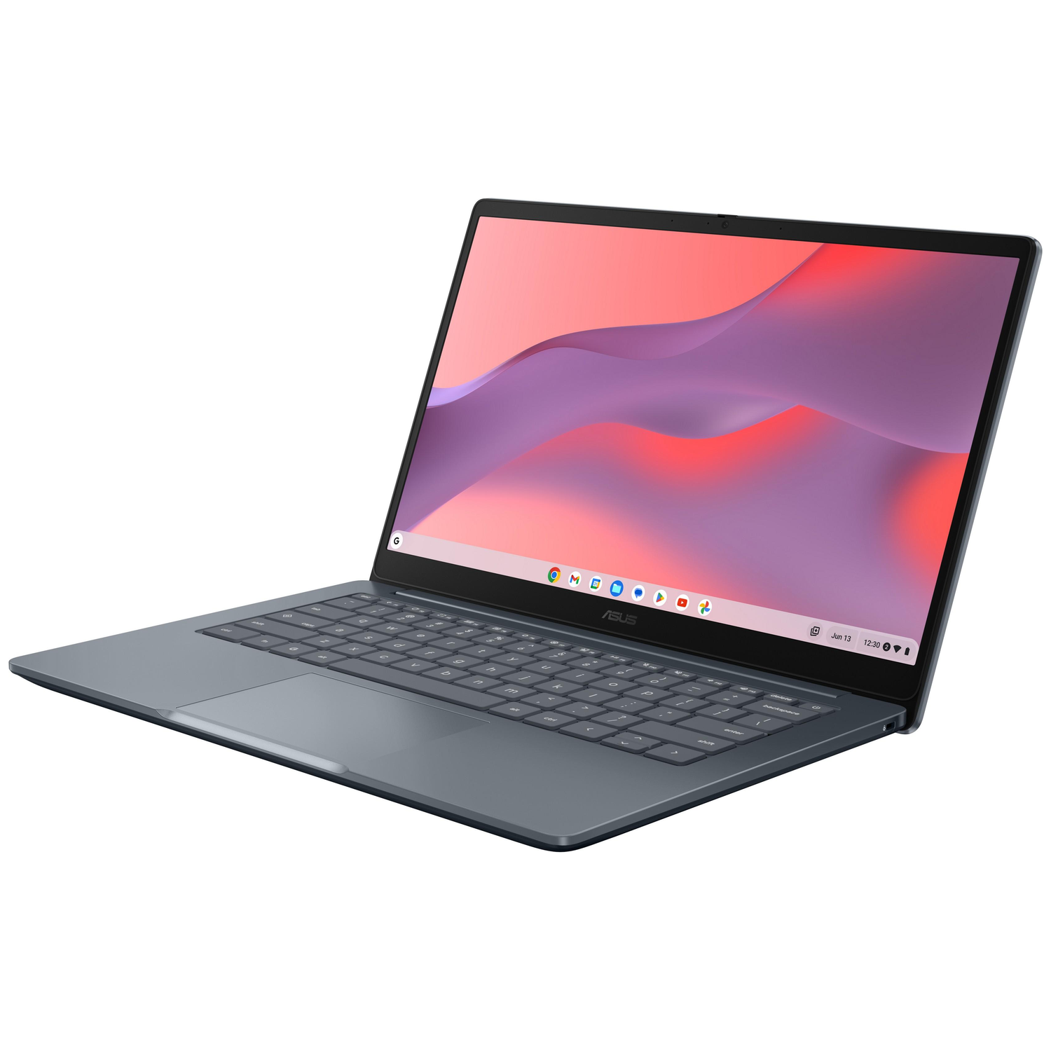 A gray Asus laptop is open, displaying a colorful abstract background. The keyboard is visible, and the screen is angled.