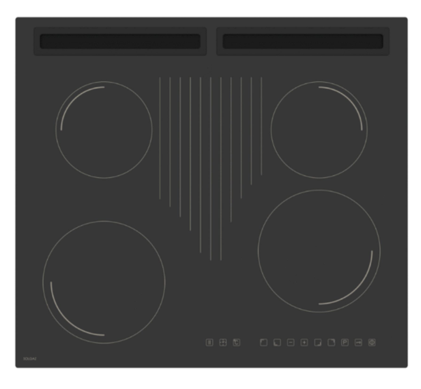 Czarna płyta indukcyjna z czterema okrągłymi palnikami, centralnym wentylatorem i przyciskami sterowania.