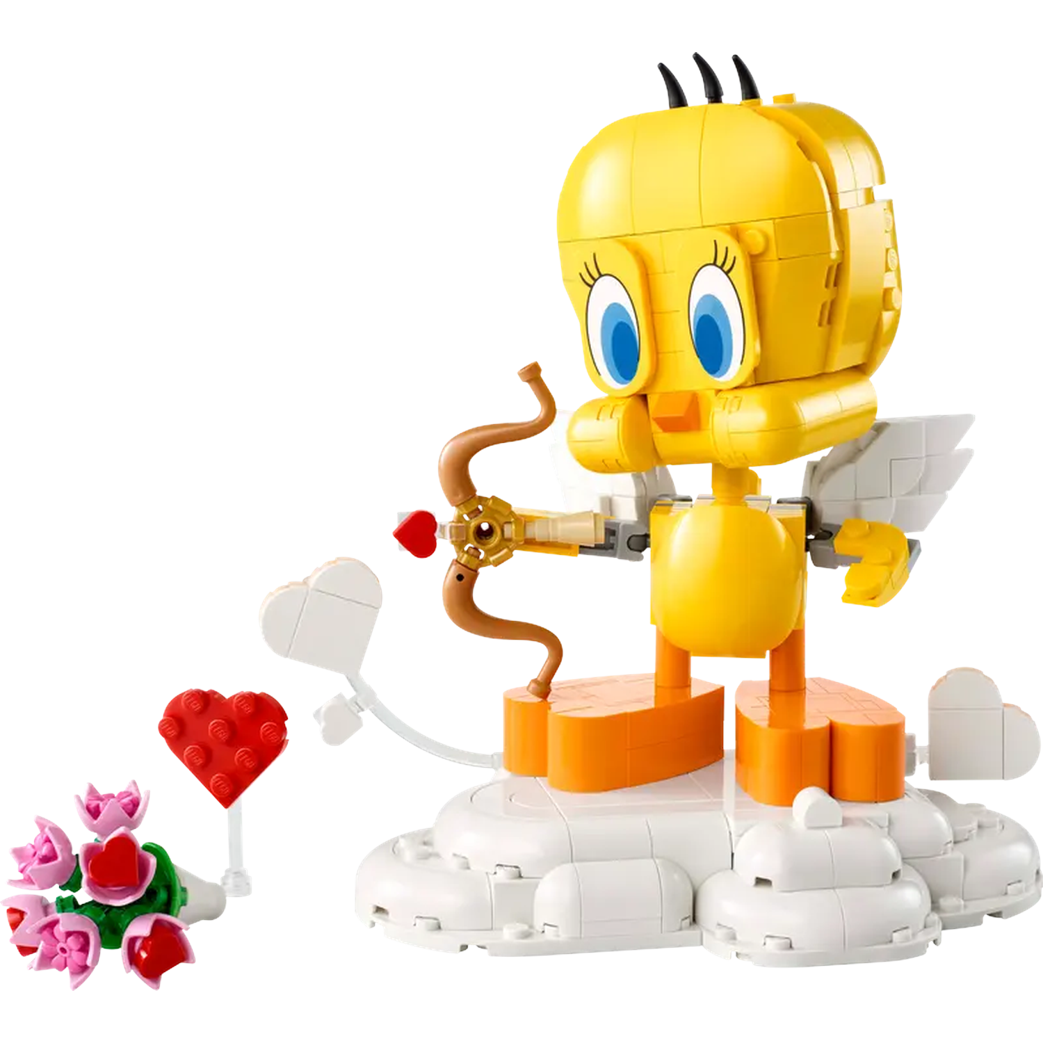 Un Tweety Bird Lego en Cupidon, tenant un arc. Il est sur un nuage avec des fleurs et des objets en forme de cœur.