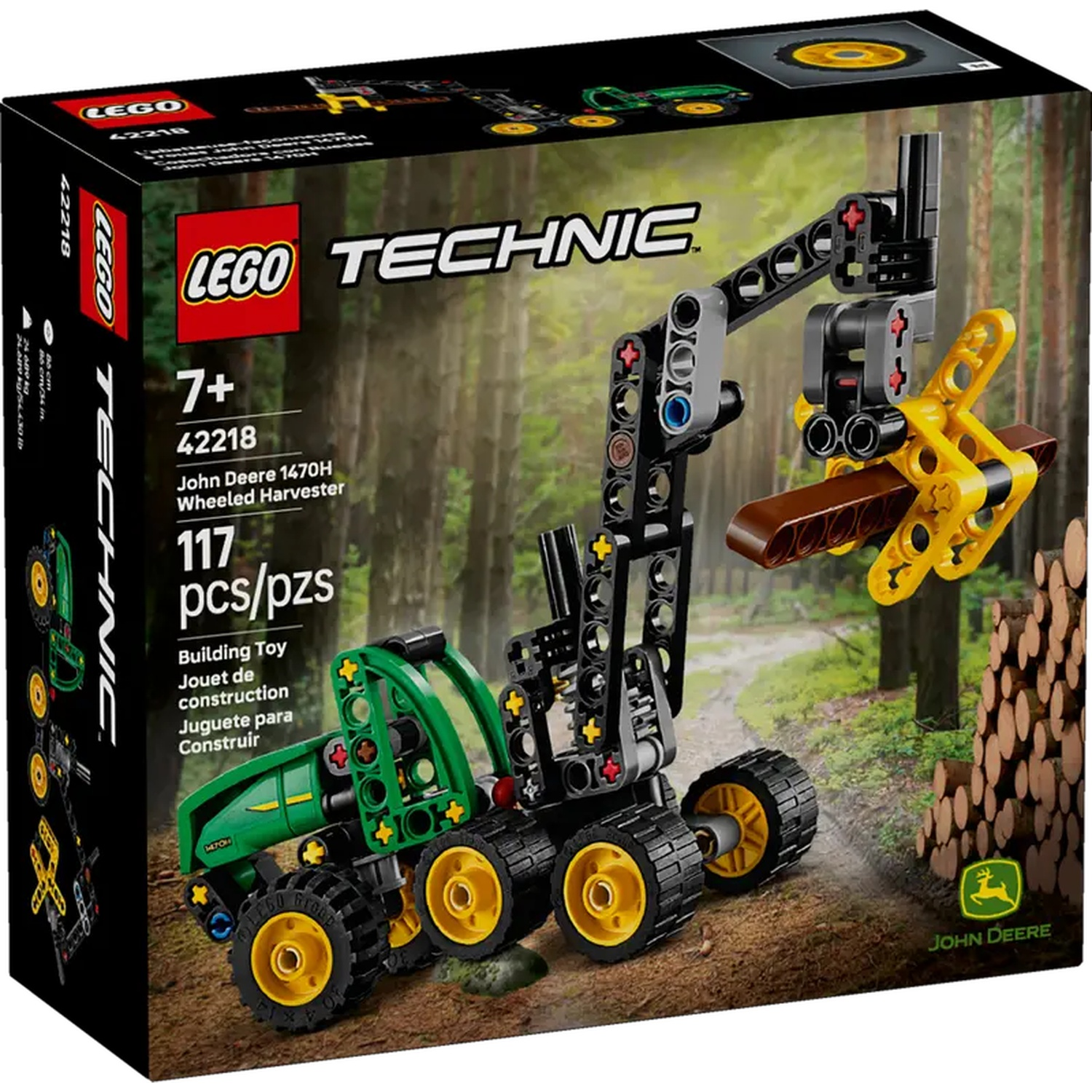 A Lego Technic John Deere wheeled harvester box. The box shows a green and yellow Lego model with a harvesting arm, against a forest backdrop.