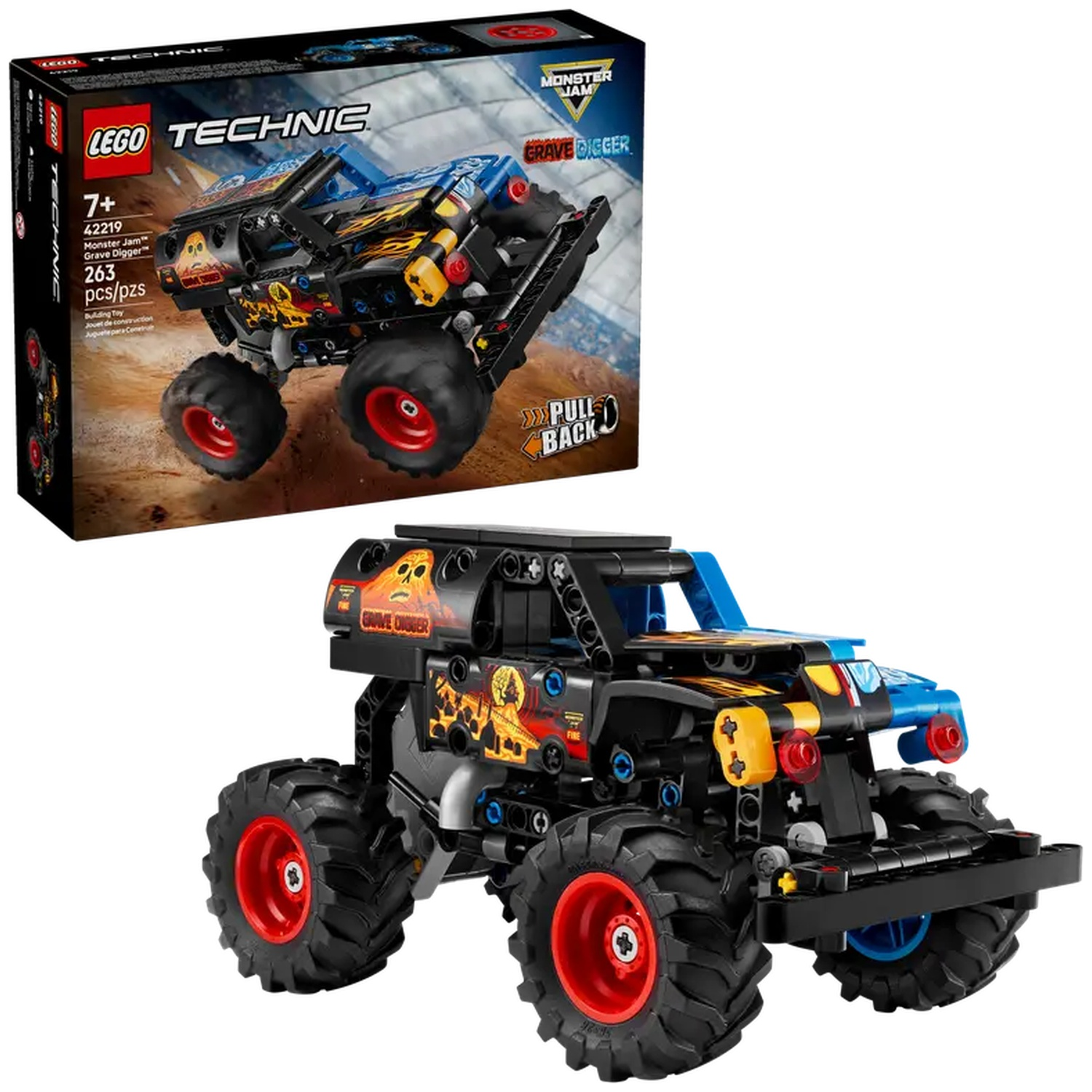 A Lego Technic Grave Digger monster truck. It's black with red wheels, and has a box of the same truck in the background.