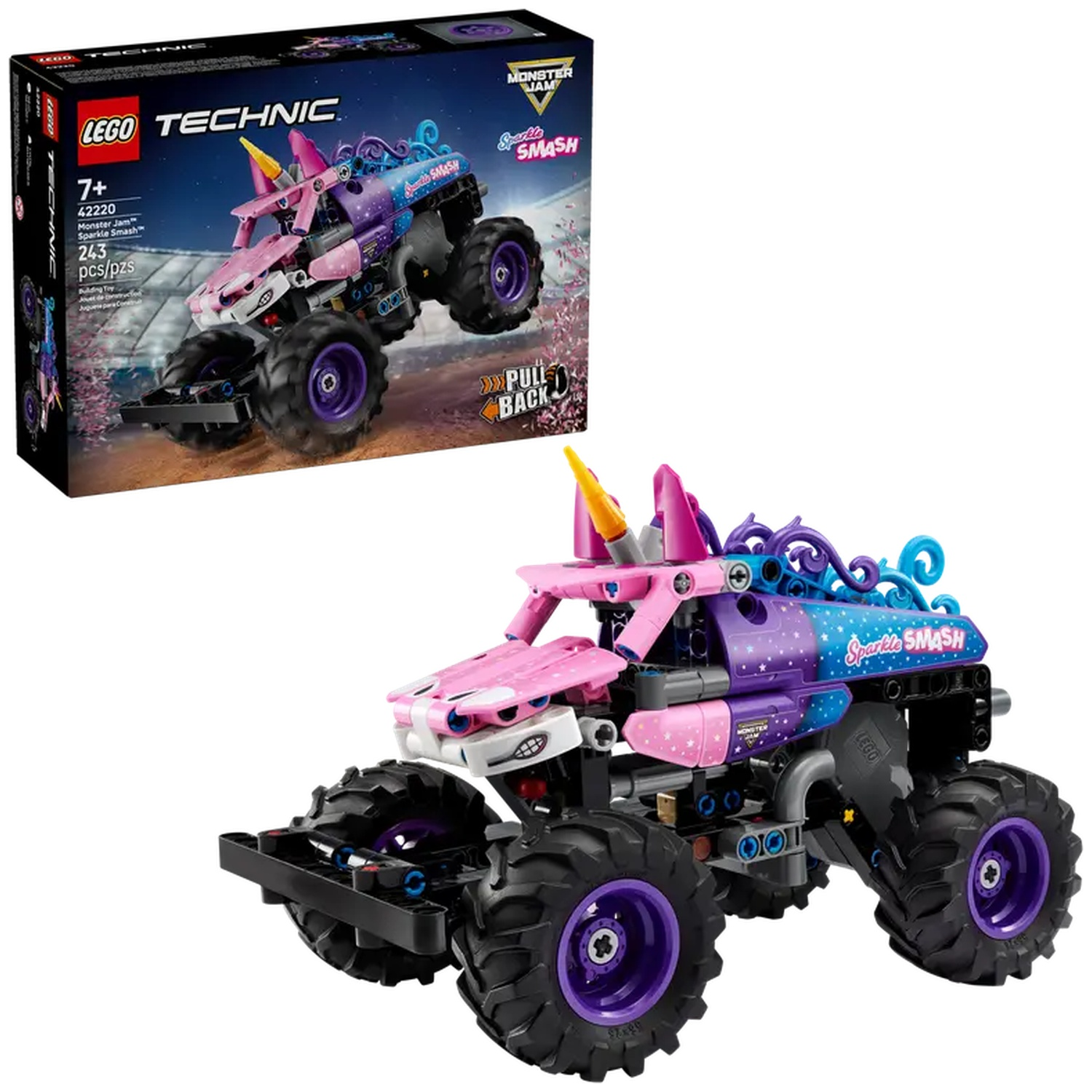 A Lego Technic Monster Jam Sparkle Smash set. The monster truck is pink, purple, and blue with large black tires and purple rims. A box is to the left.
