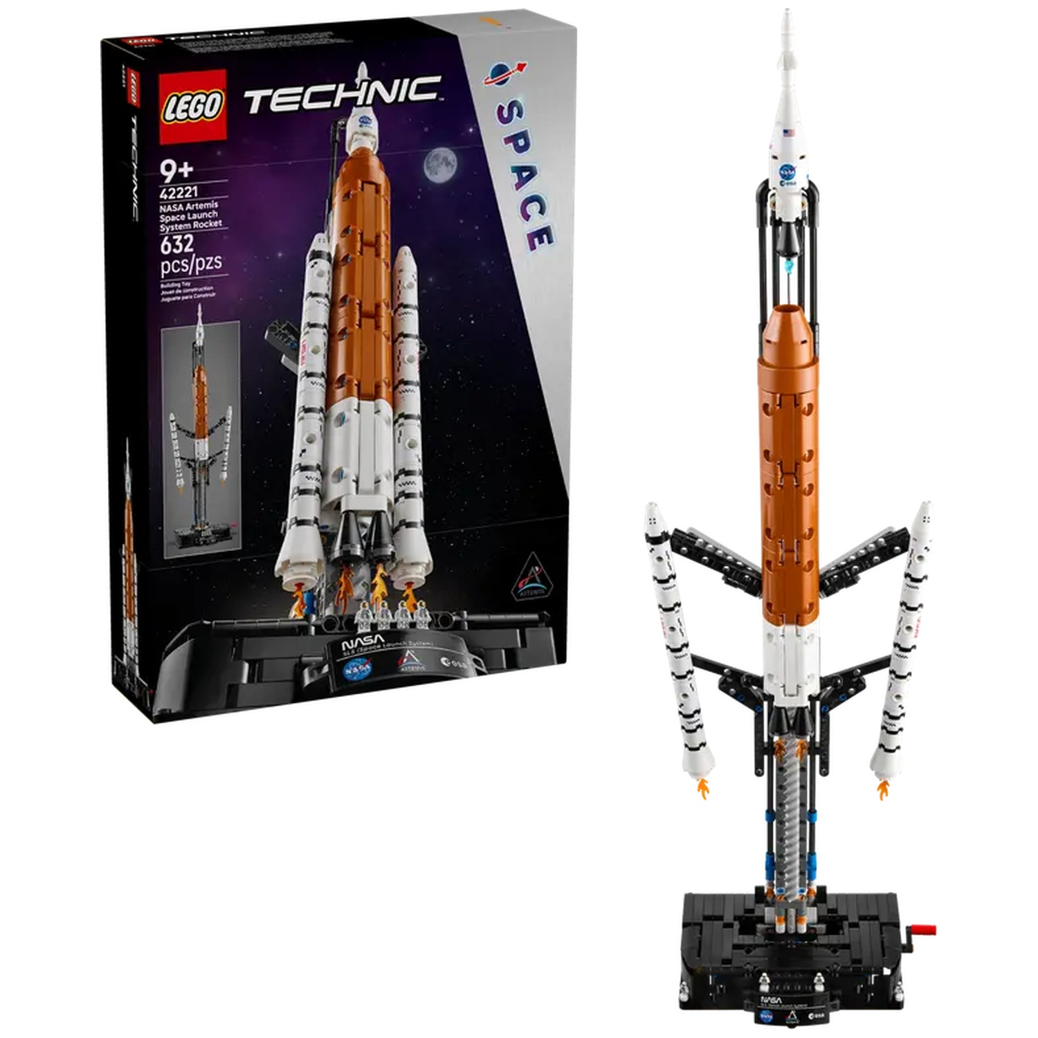 A Lego Technic NASA Artemis Space Launch System Rocket model. The box and the assembled model are displayed. The model is on a black base.