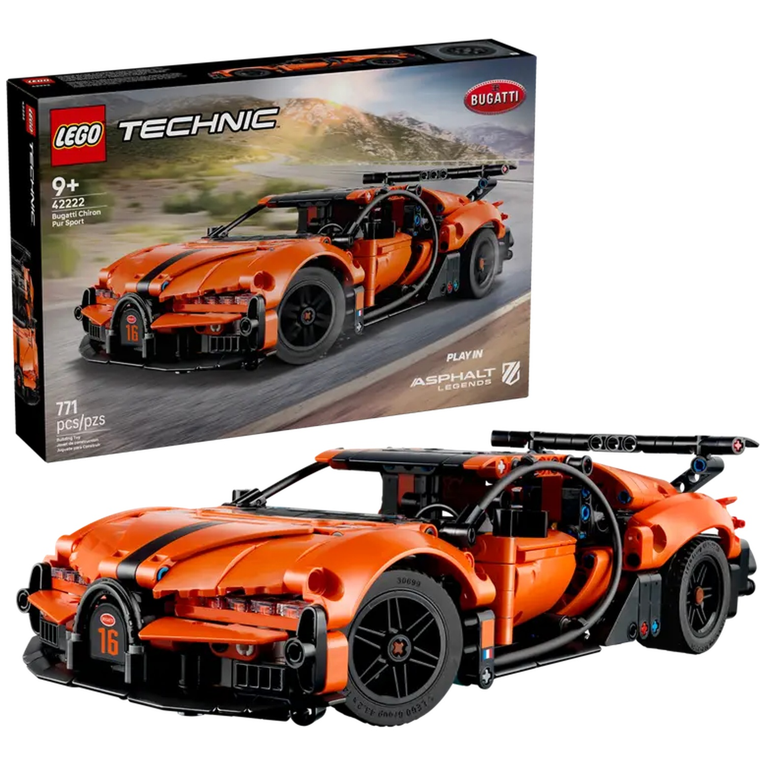 An orange Lego Technic Bugatti Chiron Pur Sport car set with black stripes and wheels. The box is visible in the background.