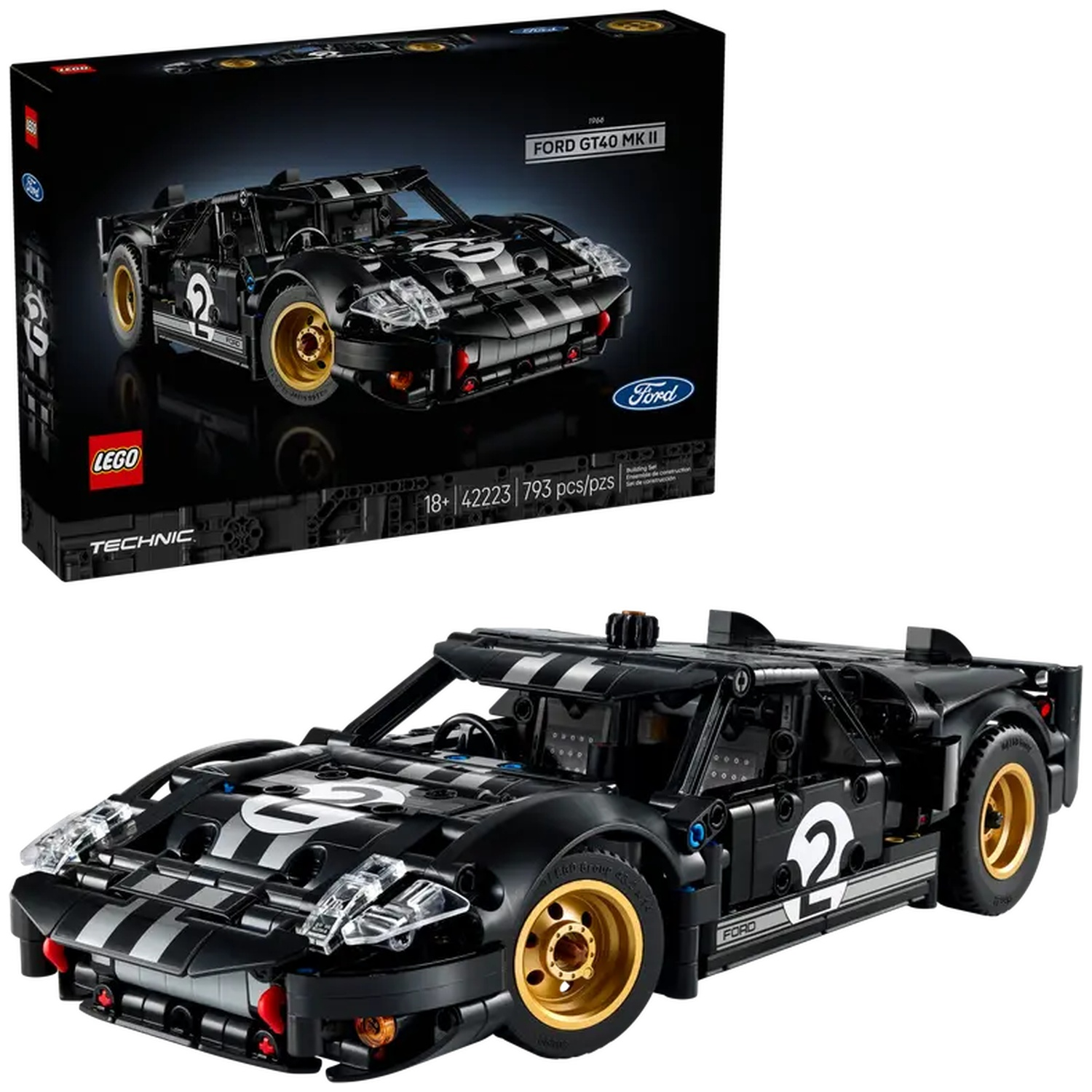 A Lego Ford GT40 MK II model. Black car with white stripes and number 2. Gold wheels. Black box with image of car.