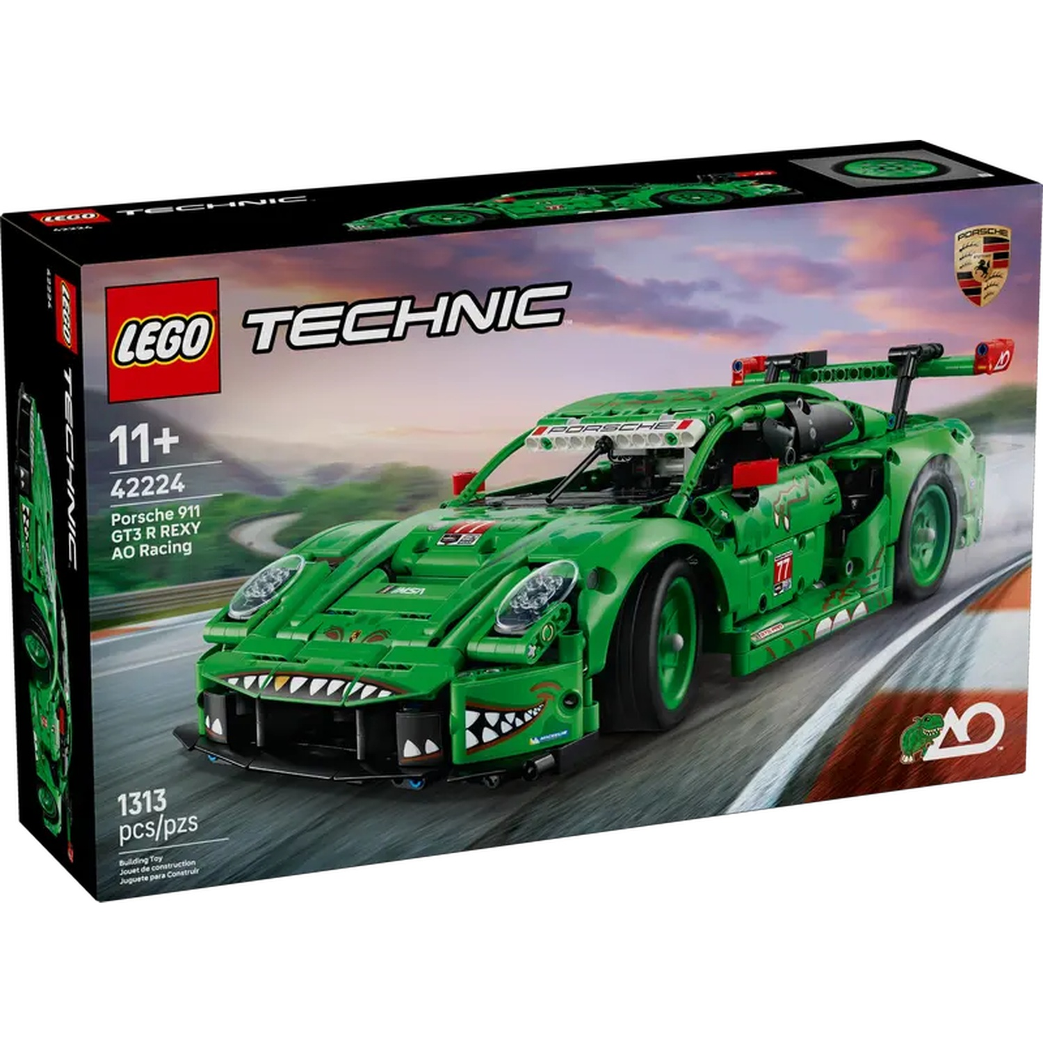 A Lego Technic box shows a green Porsche 911 GT3 R REXY AO Racing car model. The box includes Lego and Porsche branding.