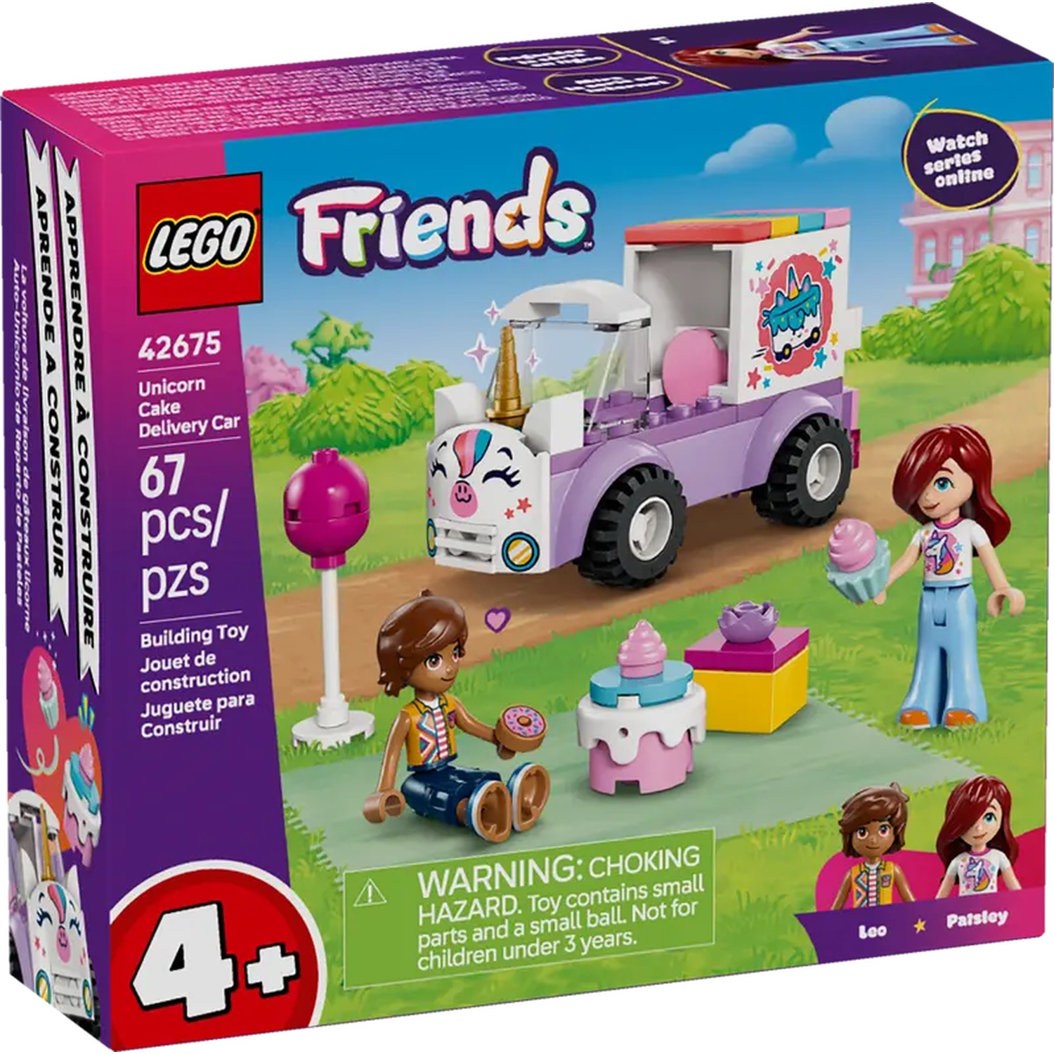 Lego Friends Unicorn Cake Delivery Car set. Includes figures, a car, cake, and accessories. The box has a warning for small parts.