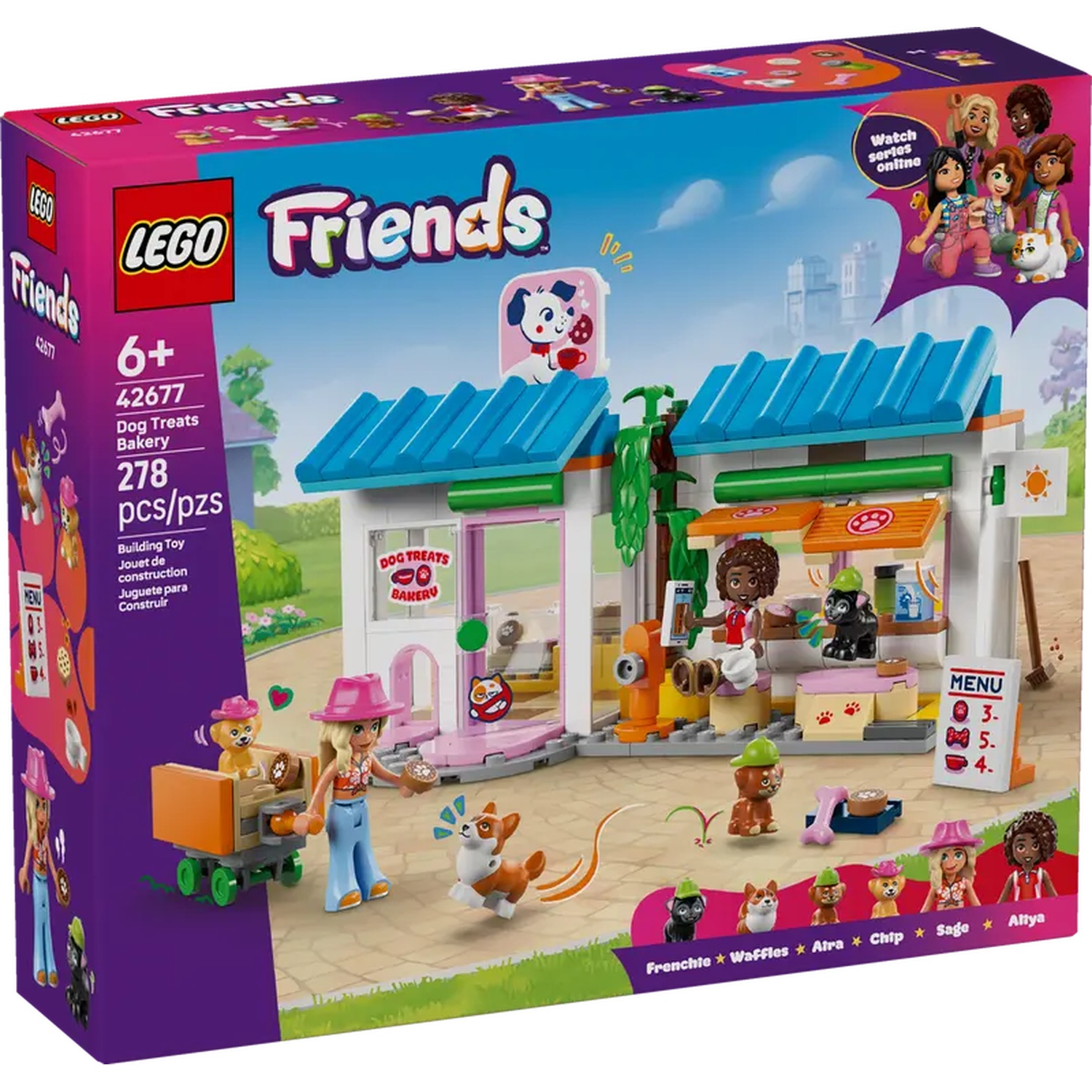 LEGO Friends Dog Treats Bakery set box. Figures of people and dogs, shop with blue roof, cart with dog, and dog treats.