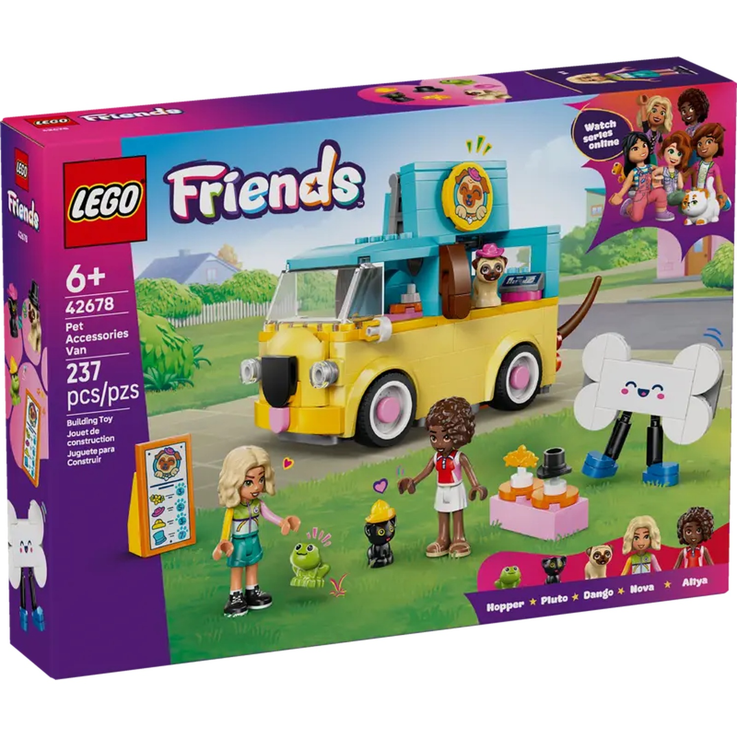 LEGO Friends Pet Accessories Van set. Includes figures, a yellow van, and various pet accessories. The box shows the set's contents.