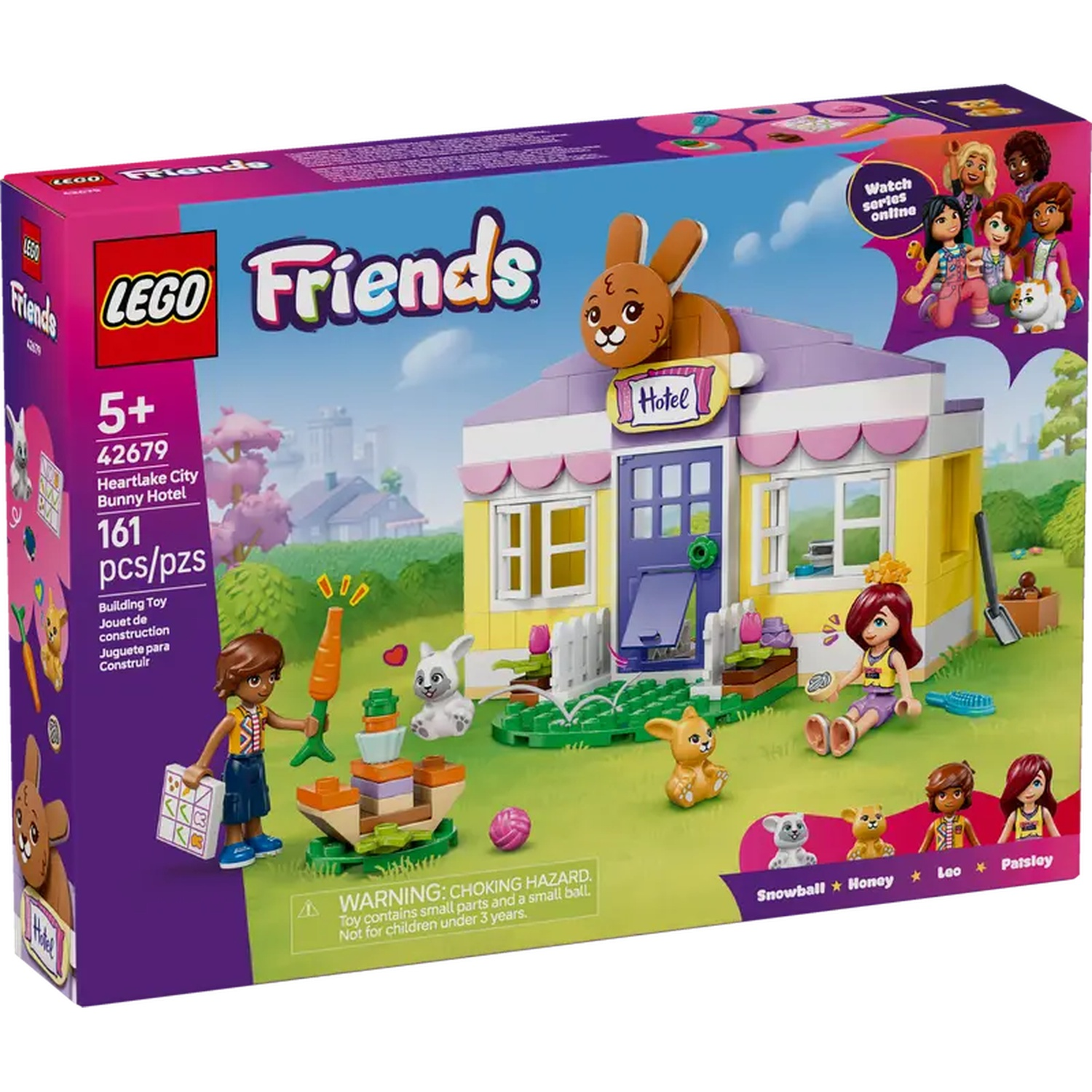 Lego Friends Heartlake City Bunny Hotel box. It features bunny figures, a hotel, and several mini-figures. The box shows the content.