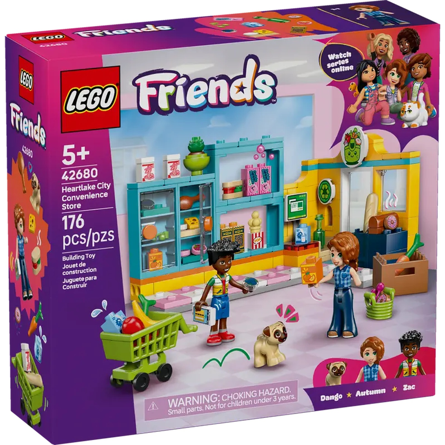 LEGO Friends Heartlake City Convenience Store box. It shows a toy set with a store, characters, and a shopping cart with food.