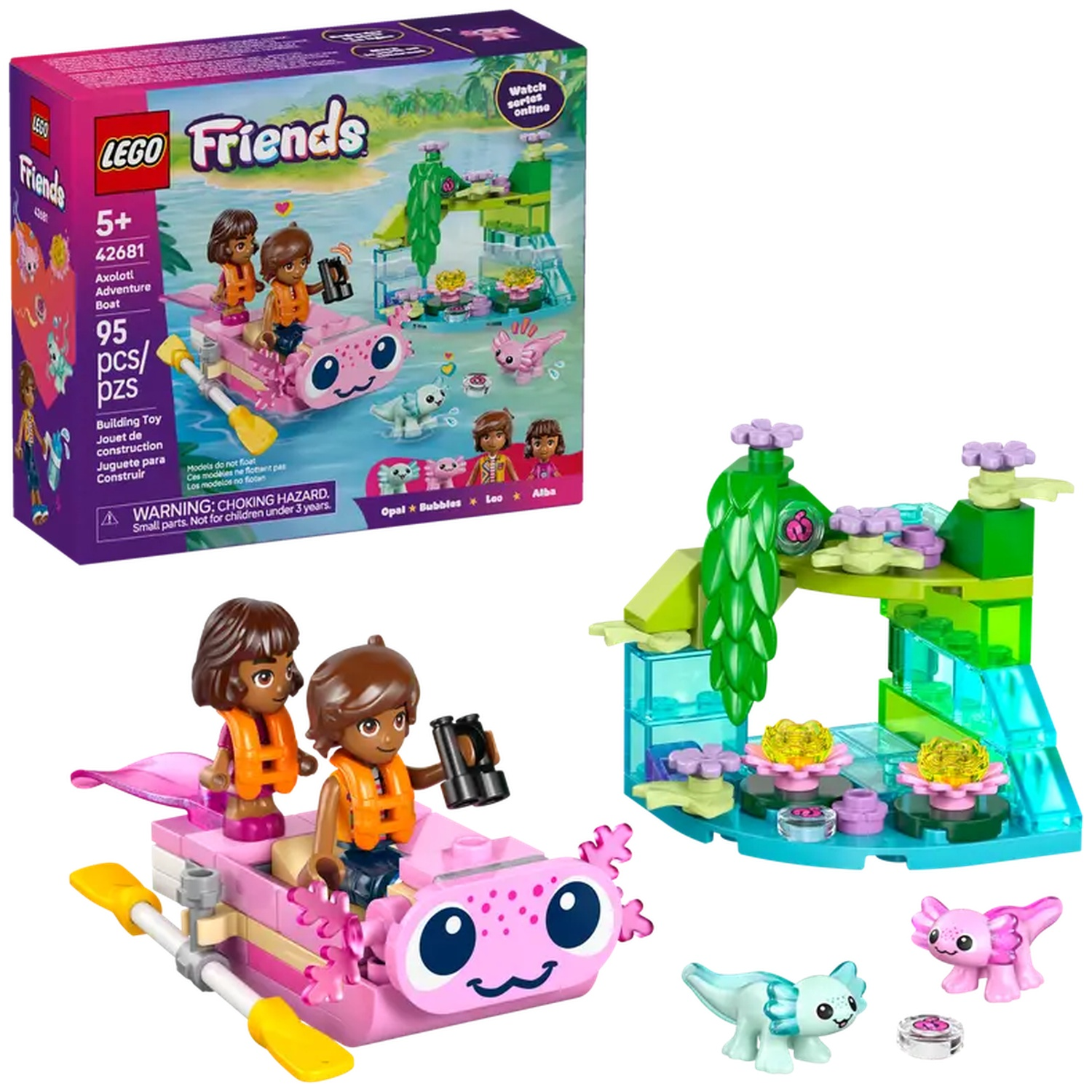 Lego Friends set with axolotl boat and figures. Includes a pink boat, axolotl figures, and a buildable underwater scene.