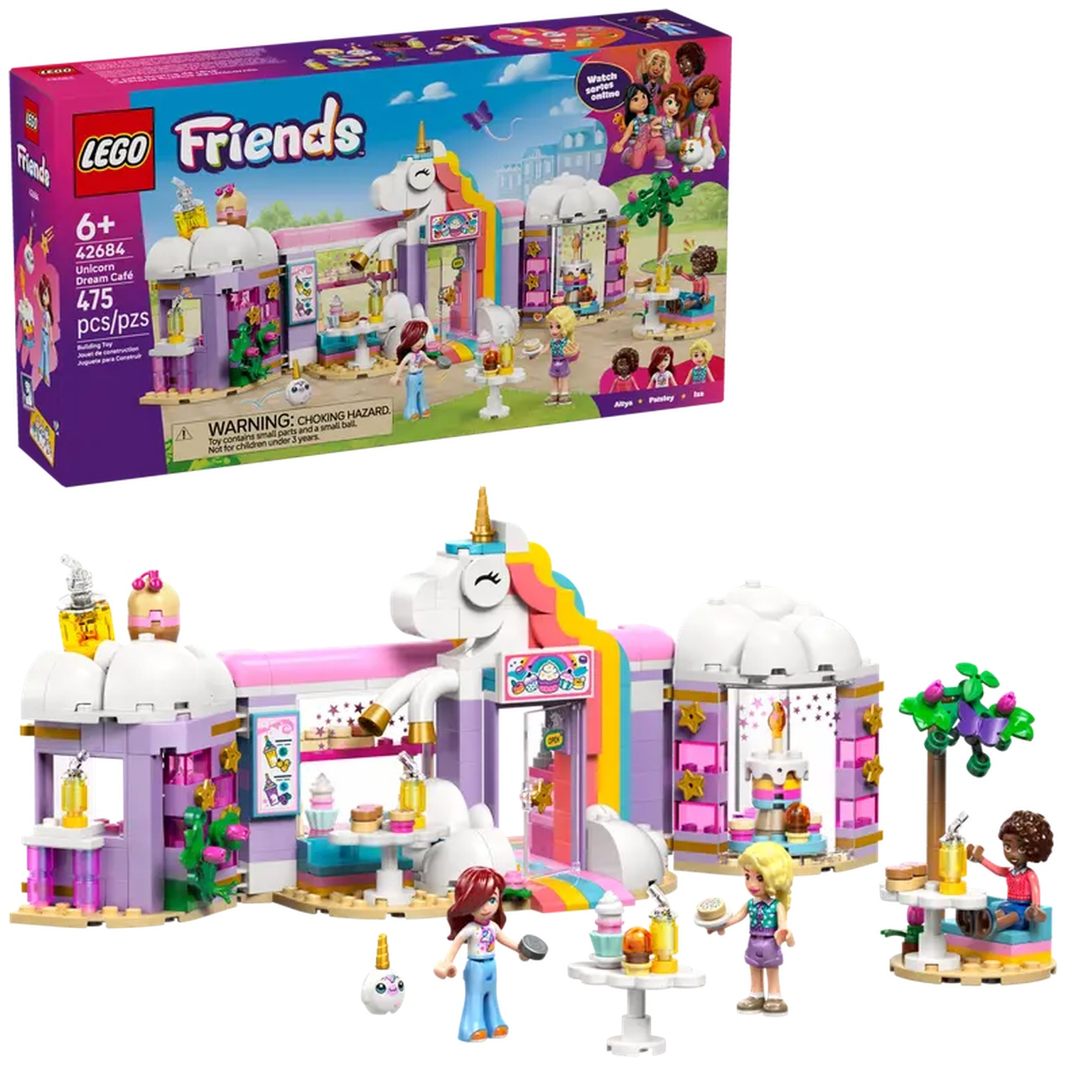 A Lego set of a unicorn dream cafe. It features a unicorn structure, mini-figures, tables, and desserts. The box shows the set's components.