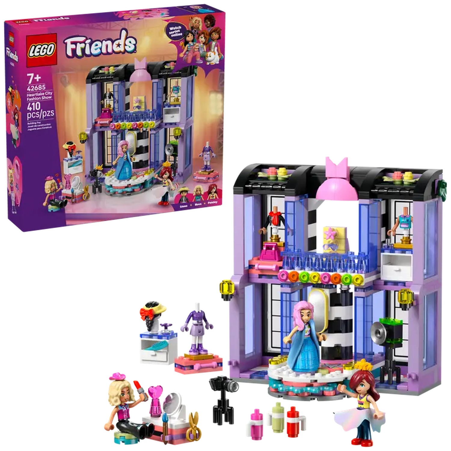 LEGO Friends set. A fashion show scene with mini-figures, stage, and accessories. The box and the assembled model are shown.