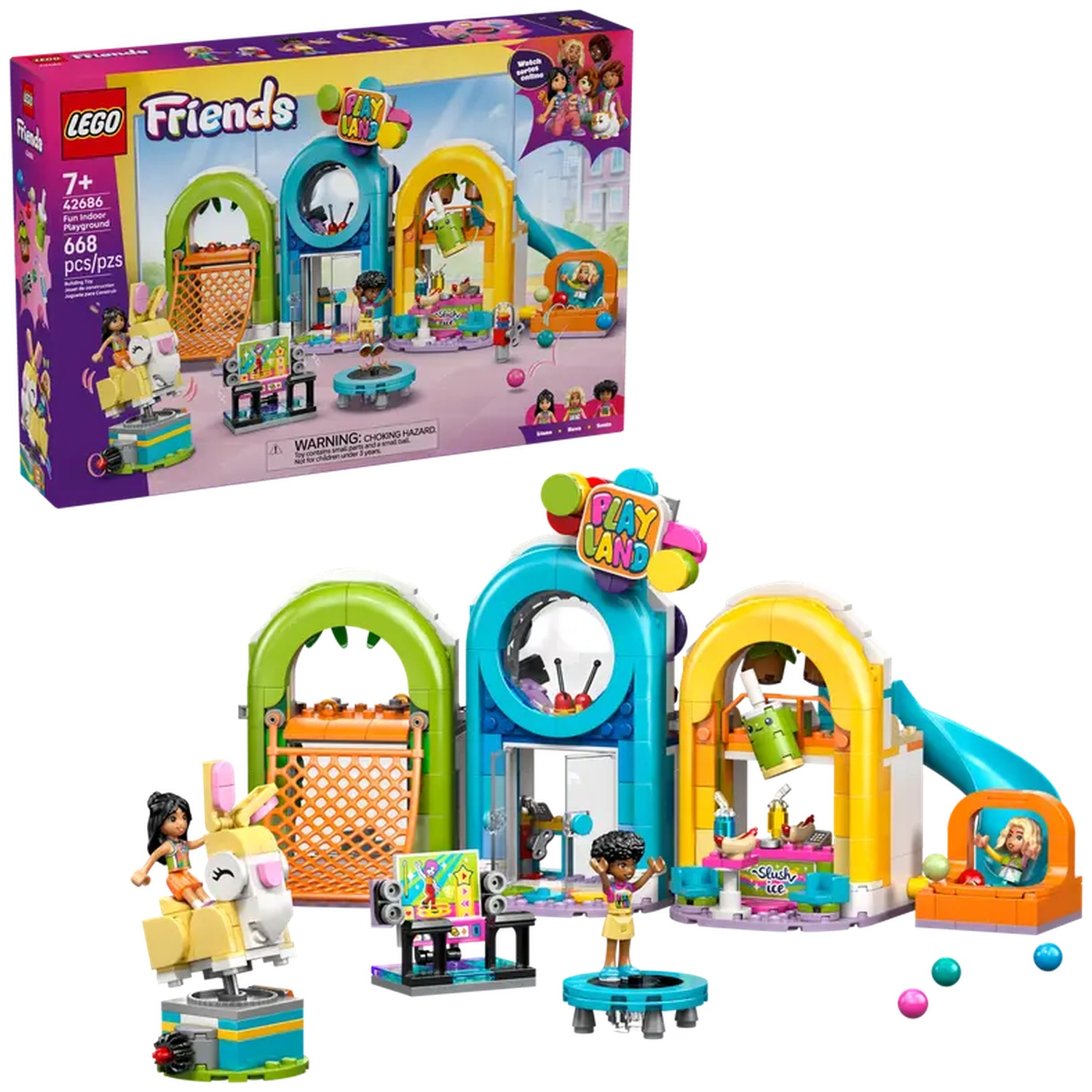 LEGO Friends indoor playground set with multiple play structures, mini-figures, and colorful elements like slides and a bunny ride.