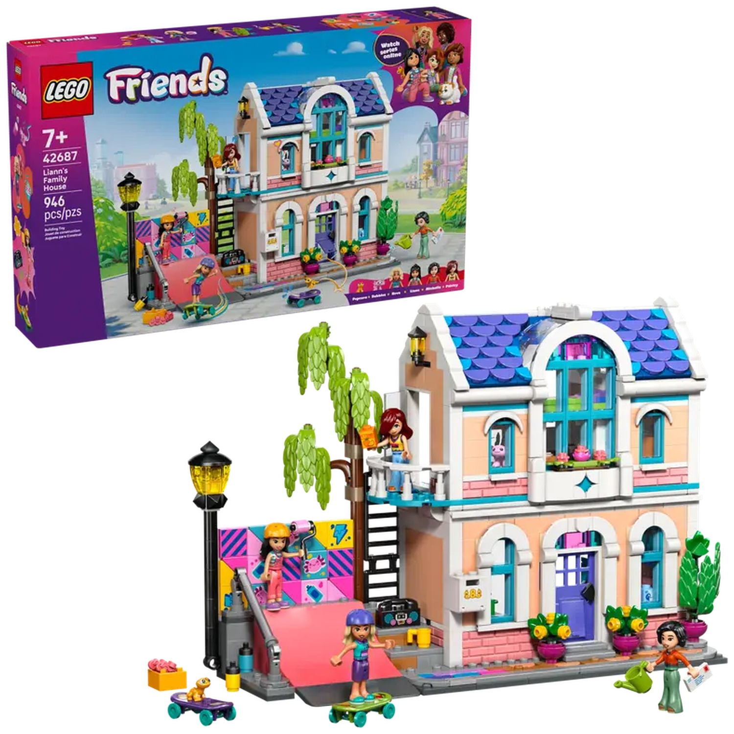 A Lego Friends set of a two-story house with figures skateboarding and gardening. The box is on the left.