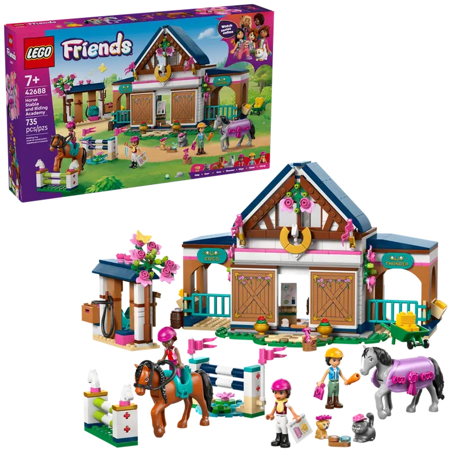 A Lego Friends set. It shows a horse stable and riding academy with figures and horses. The box is on the top-left.