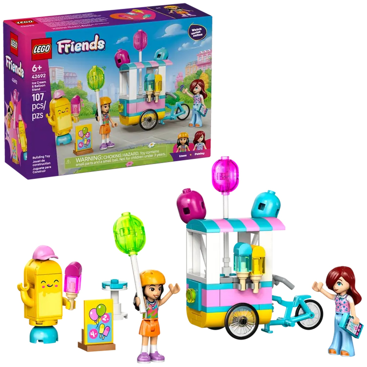 A Lego Friends set showing an ice cream and balloon stand with Lego figures and accessories. A box is in the background.