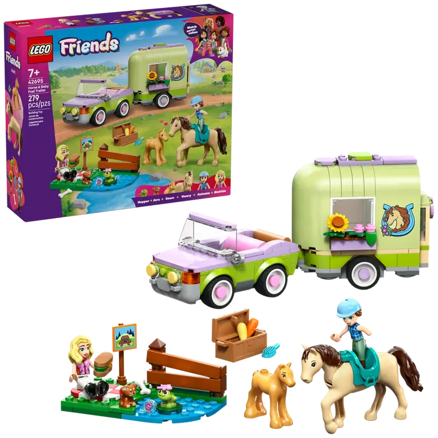 LEGO Friends set with horse trailer, car, figures, and accessories. Includes a horse, foal, and picnic scene with a girl and a dog.