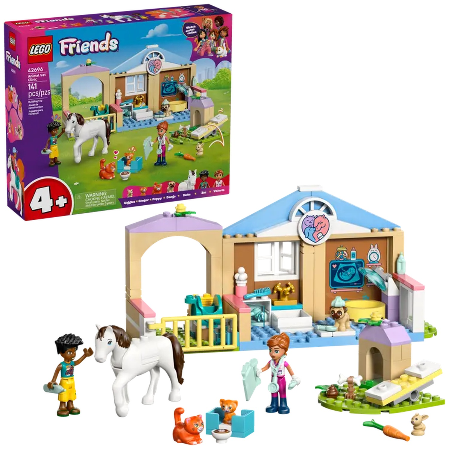 Lego Friends set: Animal Vet Clinic. It features a horse, figures, a vet clinic, and various animal figures like cats and dogs.
