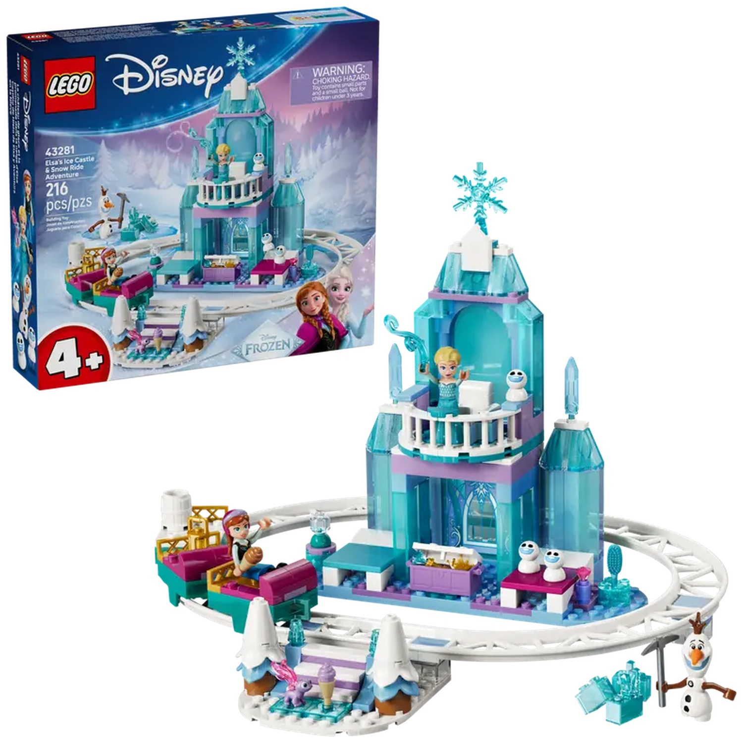 Ensemble Lego Disney. Le château de glace d'Elsa avec une promenade en neige. Comprend Elsa et Anna, Olaf et un château avec une piste.