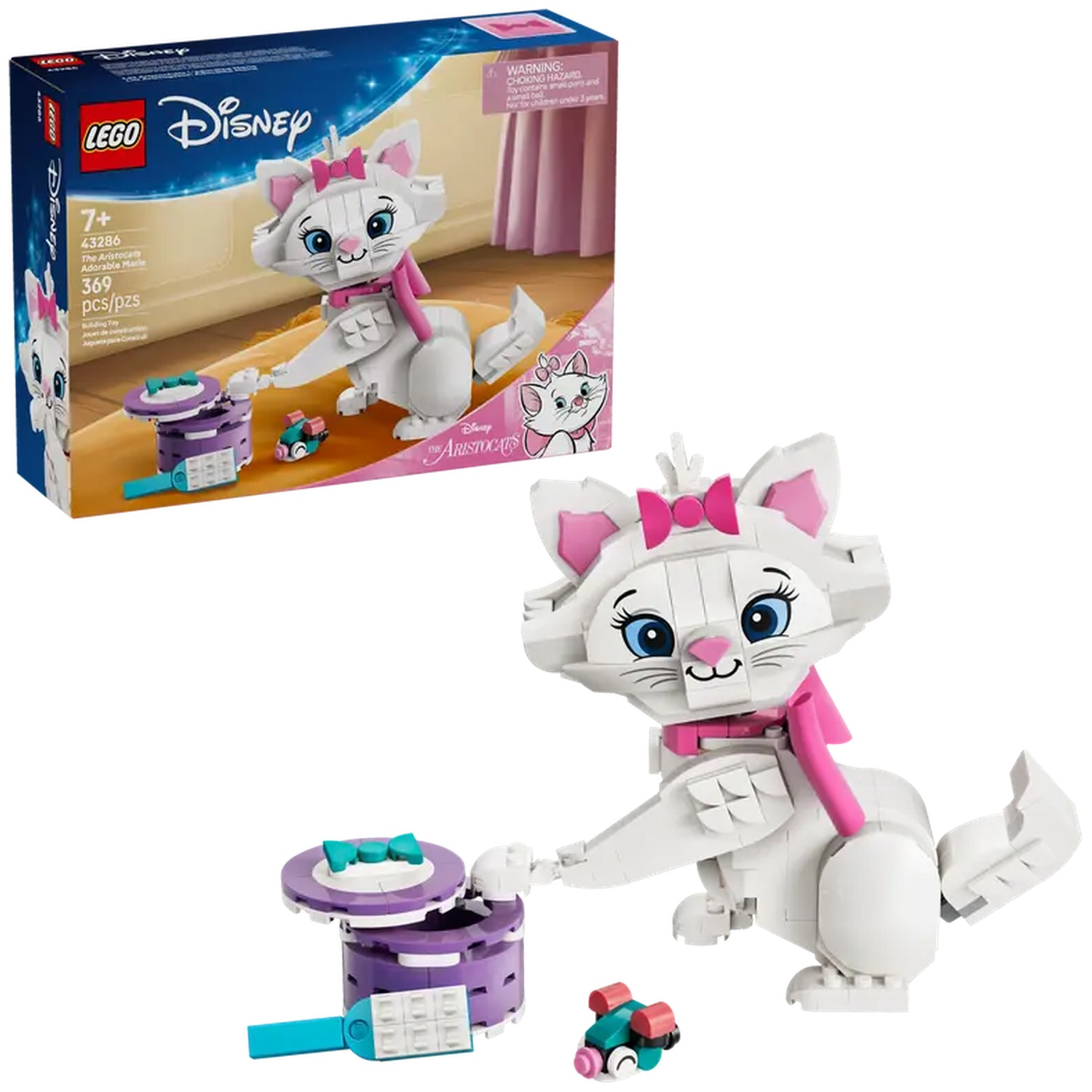 Een Lego-set van Marie uit The Aristocats. Bevat de kat, een paarse container en een klein voertuig. De doos is ook zichtbaar.