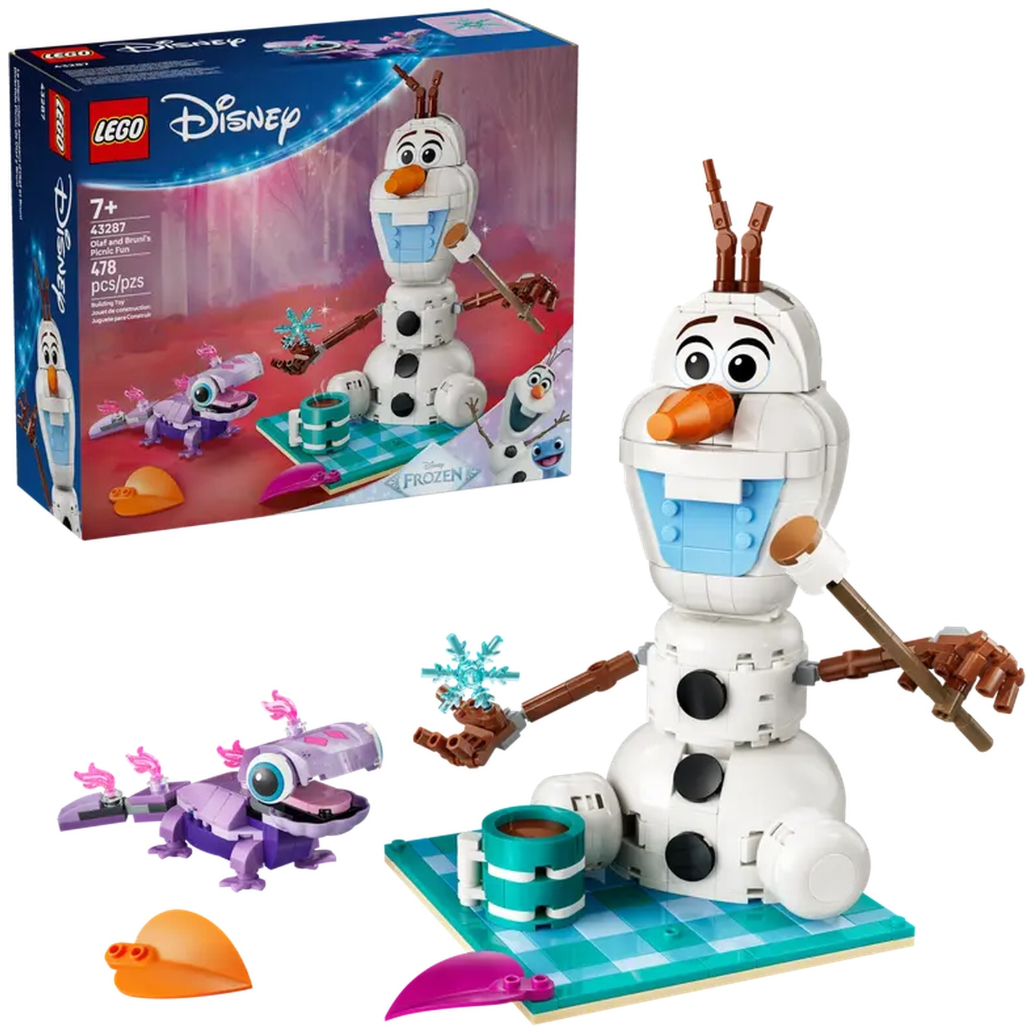 Lego set met Olaf de sneeuwman, Bruni de hagedis en picknickaccessoires. Een doos staat op de achtergrond.