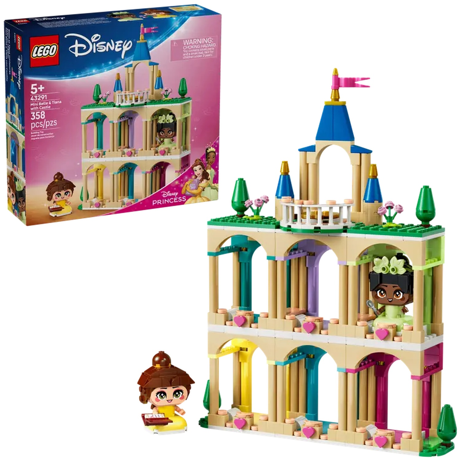 LEGO Disney Princess set. Bevat een kasteel met Belle en Tiana figuren. De set bevat meerdere kleuren en architecturale details.