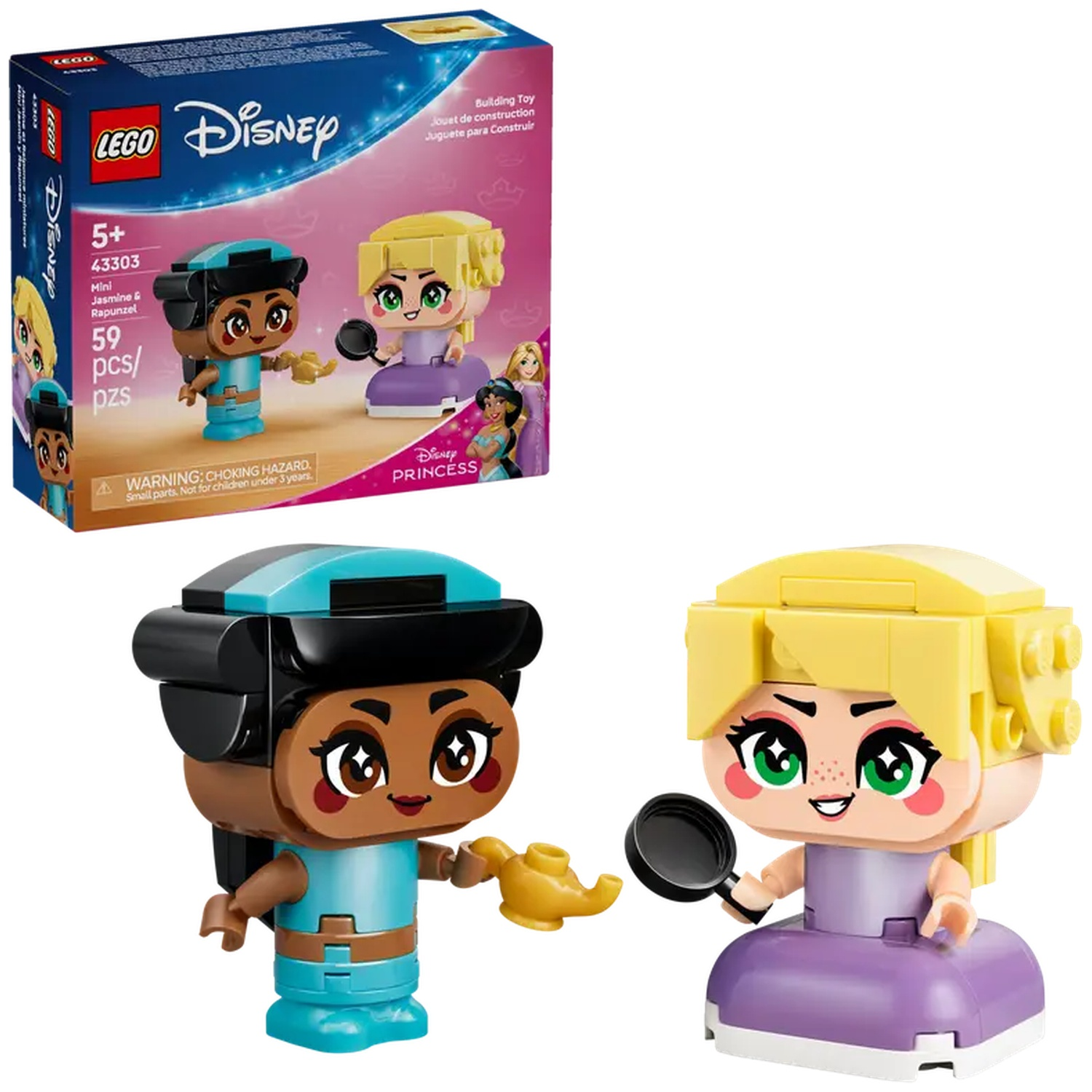 Lego Disney set. Jasmine en Rapunzel figuren. Jasmine houdt een lamp vast, Rapunzel een pan. Doos toont figuren en Disney logo.