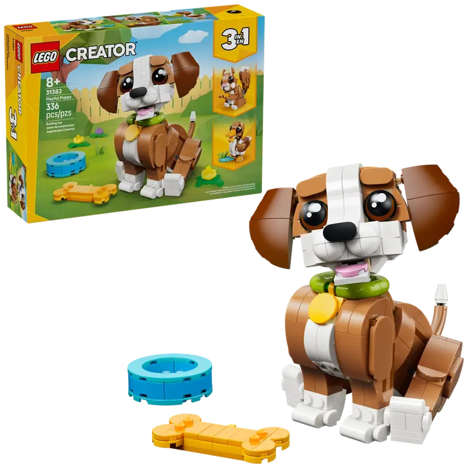 Een Lego Creator-set. Het toont een bruin-witte puppy met een groene kraag, een geel bot en een blauwe kom.