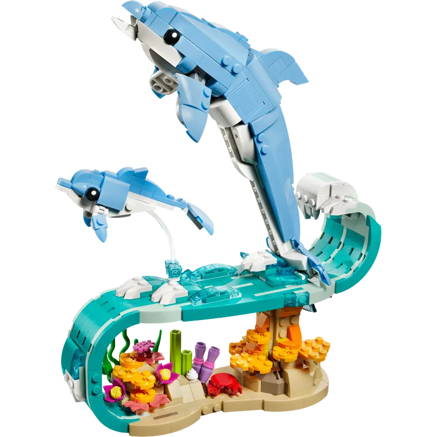 Un ensemble Lego de deux dauphins bleus sautant au-dessus d'une vague turquoise avec du corail et un crabe à la base.