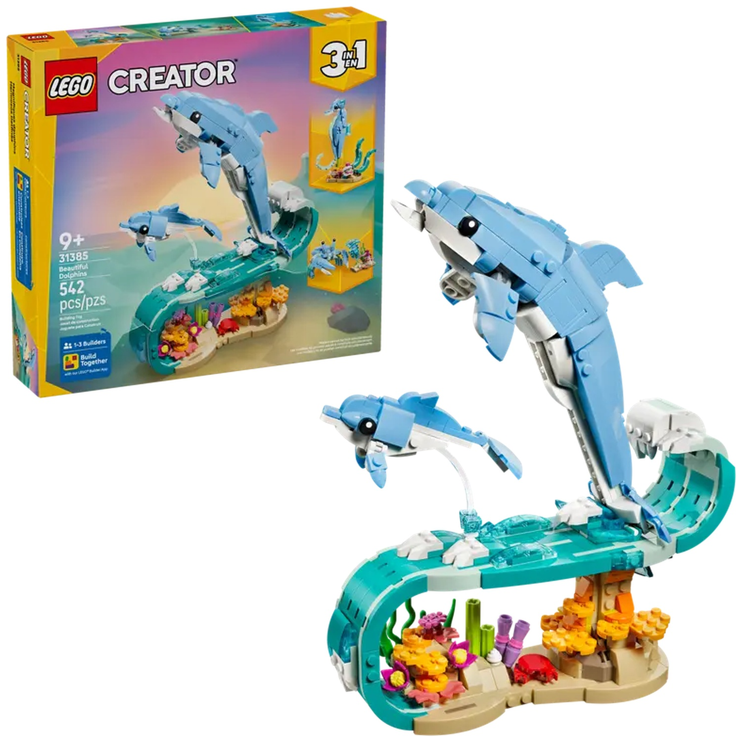 Un ensemble Lego montre deux dauphins bleus sautant au-dessus d'une vague. Des coraux et des plantes colorés sont en dessous. Une boîte est au fond.