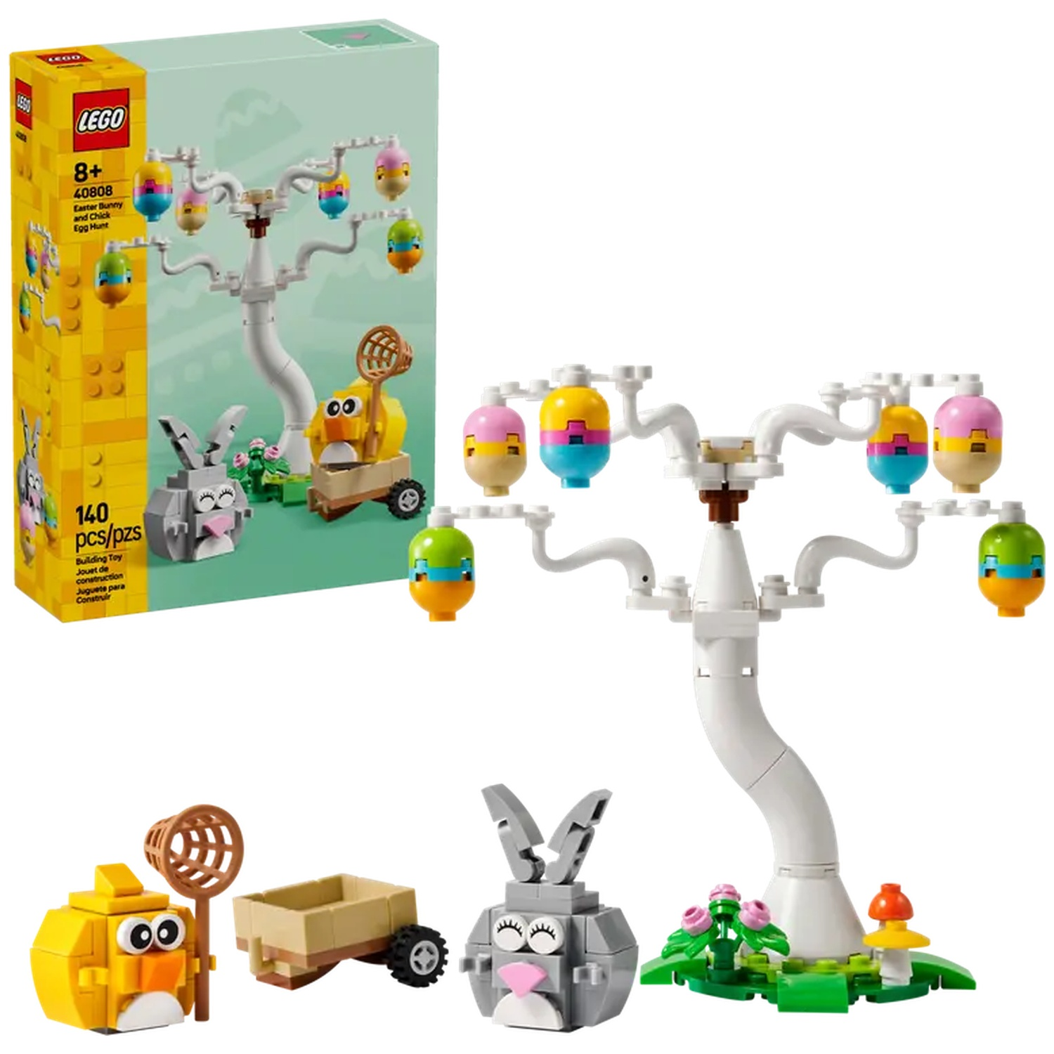 Set LEGO de Pâques avec un arbre à œufs, un lapin, un poussin avec une charrette et des œufs colorés. La boîte est à gauche.