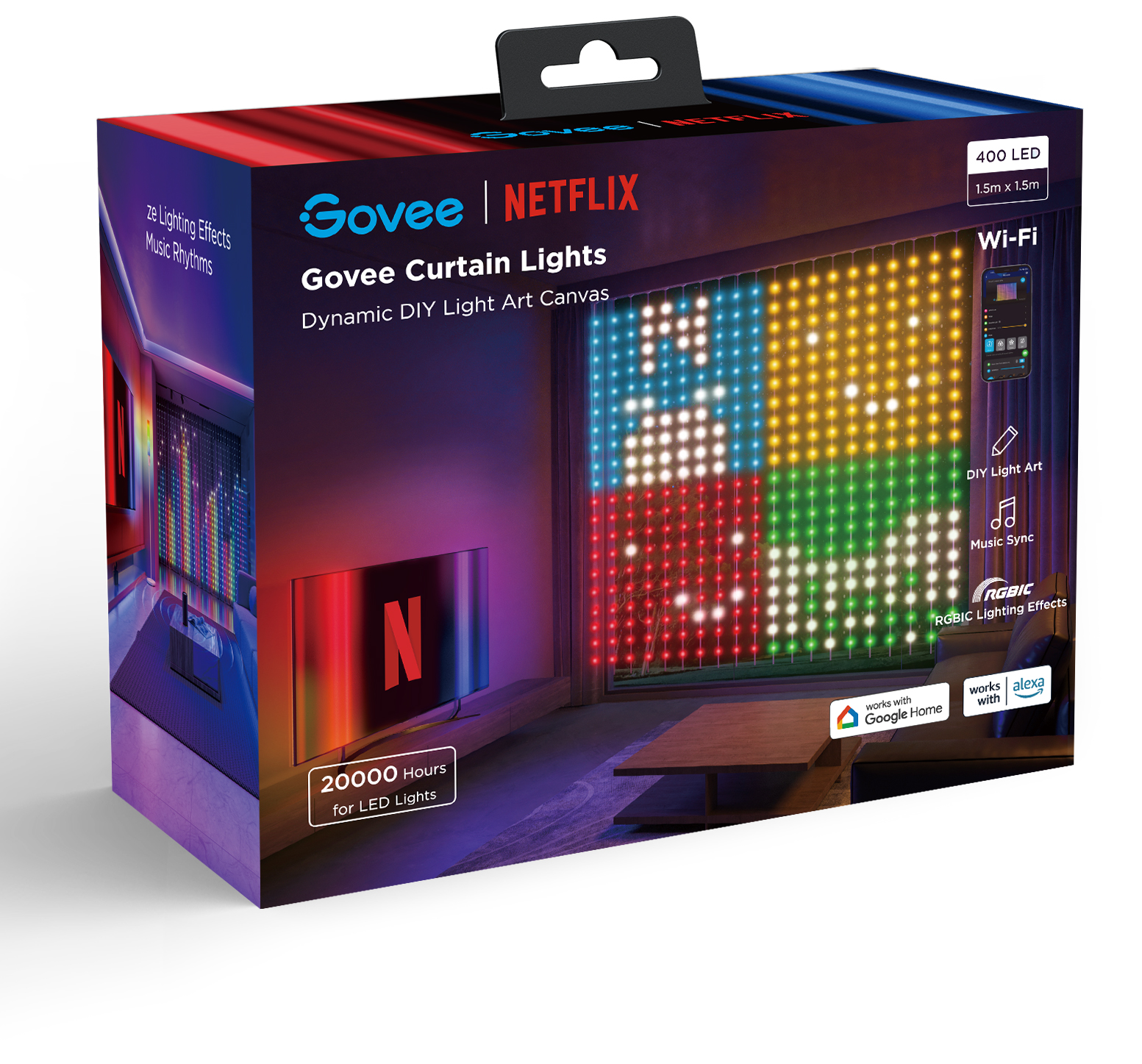 Doboz Govee függönylámpákkal. Jellemzők: Netflix márka, LED-lámpák, integráció a Google Home és Alexa rendszerekkel.