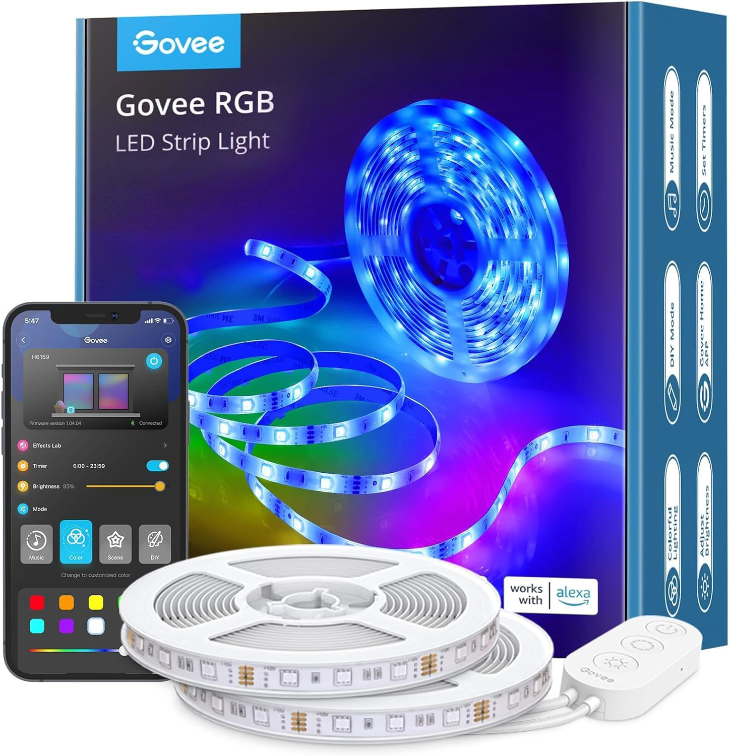 Govee RGB LED szalagfény telefonnal, amely az alkalmazást, a távirányítót és a dobozt mutatja. A szalag kék, fehér és színes.