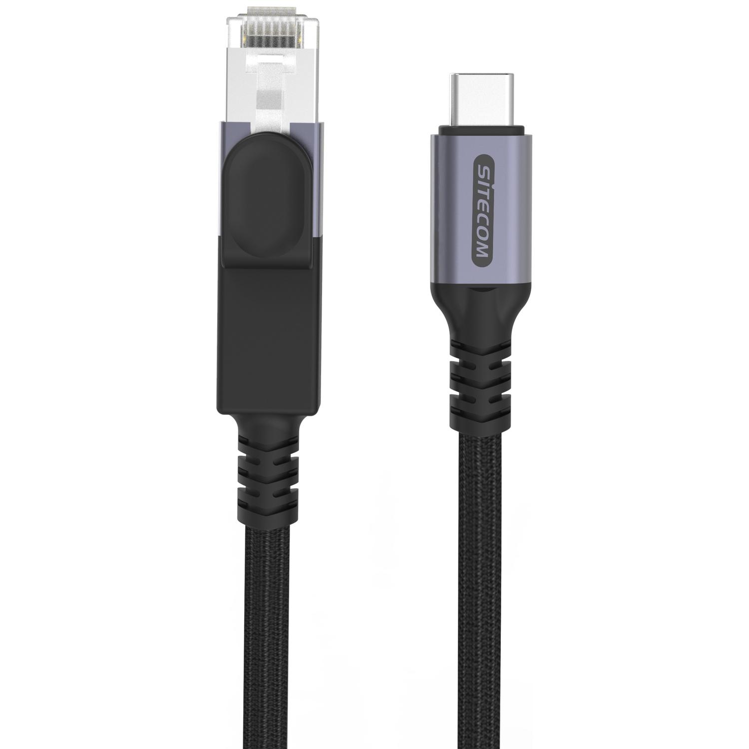 Deux câbles réseau noirs avec différents connecteurs. L'un a un connecteur RJ45, l'autre un USB-C étiqueté 'SITECOM'.