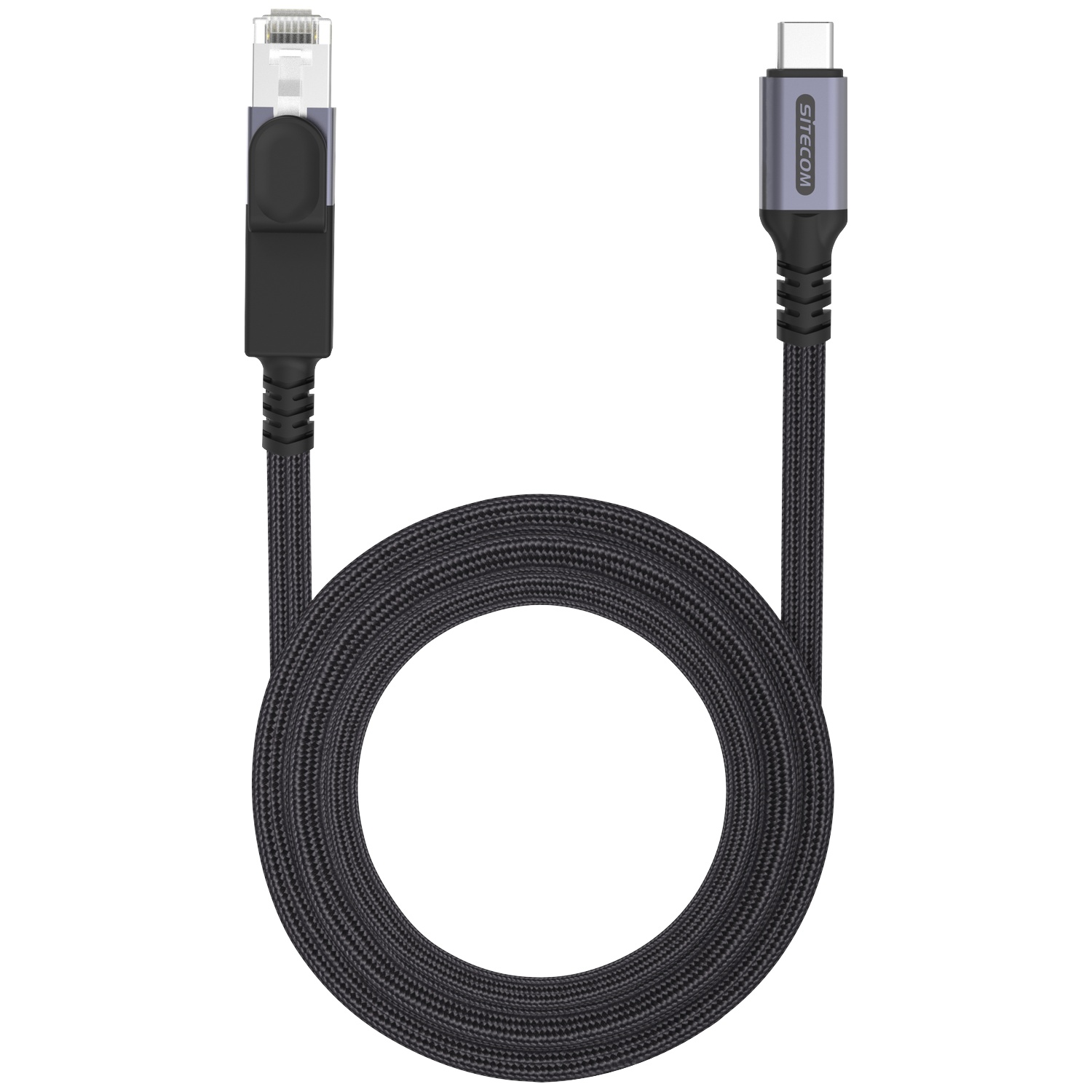 Un câble Sitecom noir et gris avec deux connecteurs : RJ45 et USB-C. Le câble est en boucle.