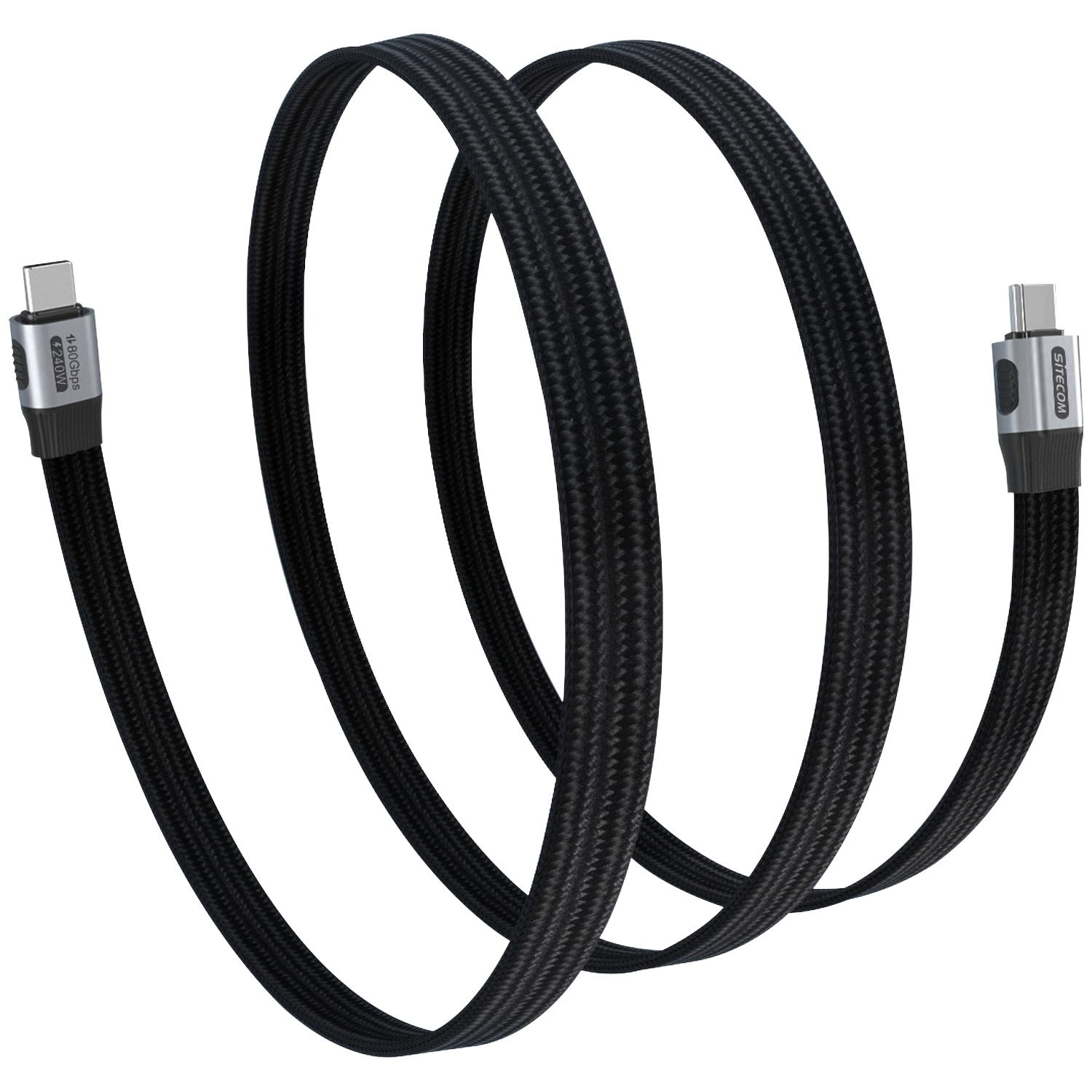 Un câble USB-C tressé noir avec des connecteurs argentés. Un connecteur porte l'étiquette '480 Gbit/s 240W', l'autre 'SITECOM'.